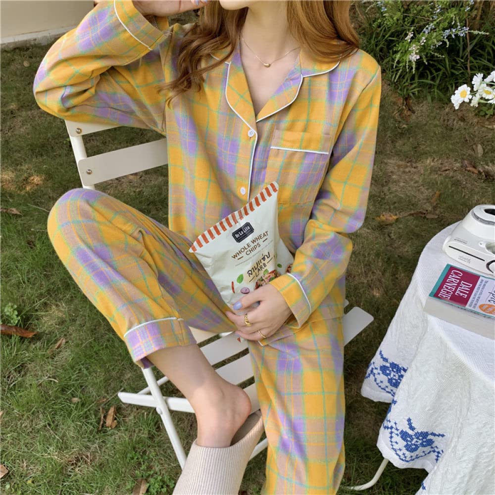 Pigiama Donna Corto - Pigiama da Notte in Cotone Color Block A Quadri alla Moda Set da Pigiama Casual A Maniche Lunghe da Donna Top & Pantaloni Indumenti da Notte Cozy Soft Loungewear