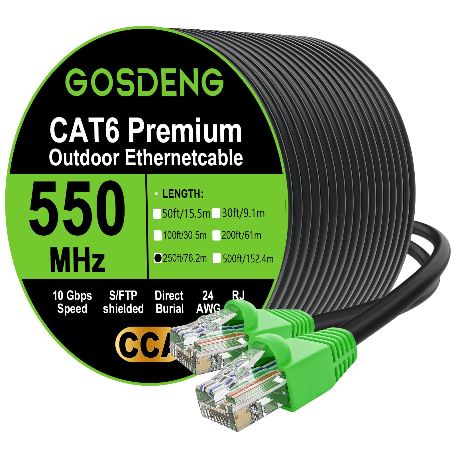 Kabel krosowy Ethernet RJ45 Cat-6, prędkość transferu 10 Gb/s, pozłacane złącza, aluminium pokryte miedzią, zewnętrzny, odporny na promieniowanie UV, bezpośredni pochówek, wodoodporny, trwały