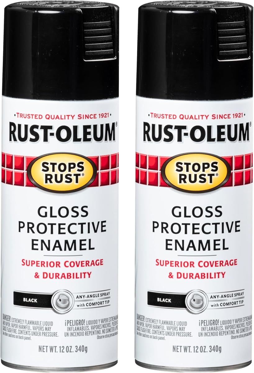 Rust-Oleum Stops Rust Spray Paint, Gloss Black | Rust Resistant, Indoor and Outdoor Durability, Beautiful Finish on Metal, Wood and More, Sprays from Any Angle, 2 Pack