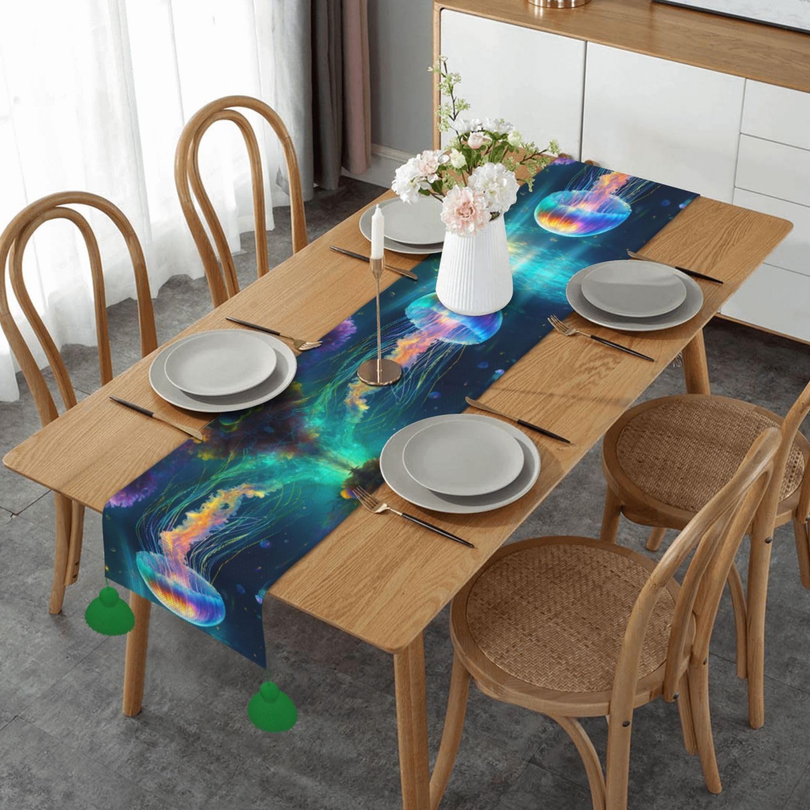 Chemin de table imprimé méduse pour protéger une table basse de salon