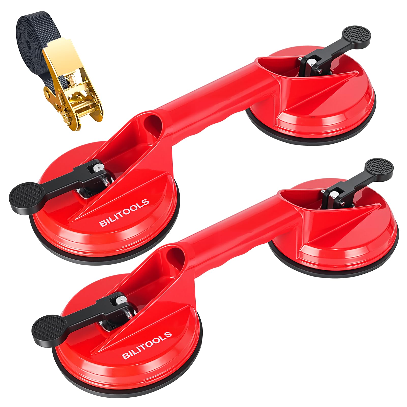 BILITOOLS 2 Pack Double Glass Suction Cups with Ratchet Straps, Heavy Duty Aluminum Vacuum Lifter, 176 lbs Capacity Each, for Window, Windshield, Tile