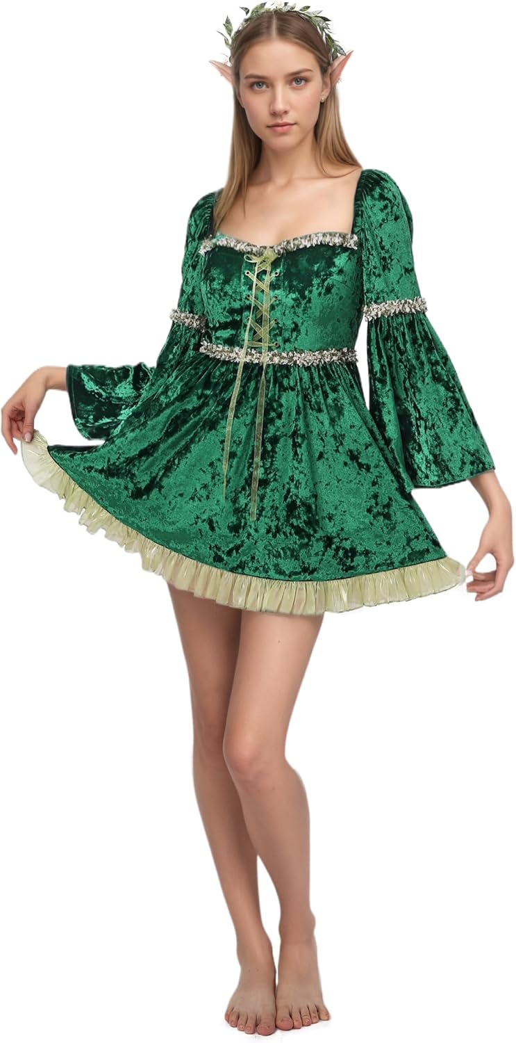 C-ZOFEK Medieval Fairy Costume Velvet Green Elf Cosplay Ren faire Renaissance Mini Dress Christmas Women - Image 2