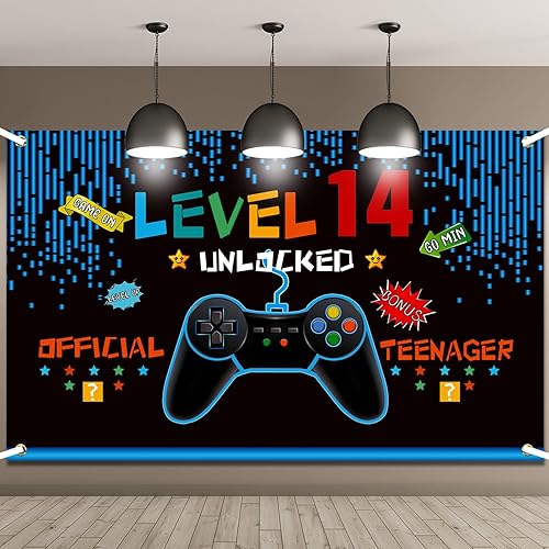 Decoraciones de cumpleaños de videojuegos de 8, 9, 10, 11, 12, 13, 14 cumpleaños para niños, temática de videojuegos, accesorios de fotos, telón de