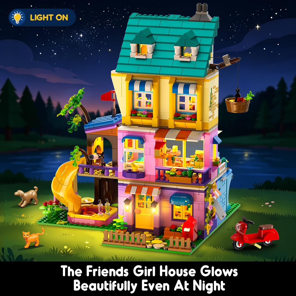 HOGOKIDS Friends Mädchen Familienhaus Bausteinset mit Licht & 4 Tierfiguren | 3 Bauvarianten Freunde Spielset mit Garten, 1154PCS Häus mit Baumhaus, Geburtstagsgeschenk für Mädchen Jungen ab 8 Jahren