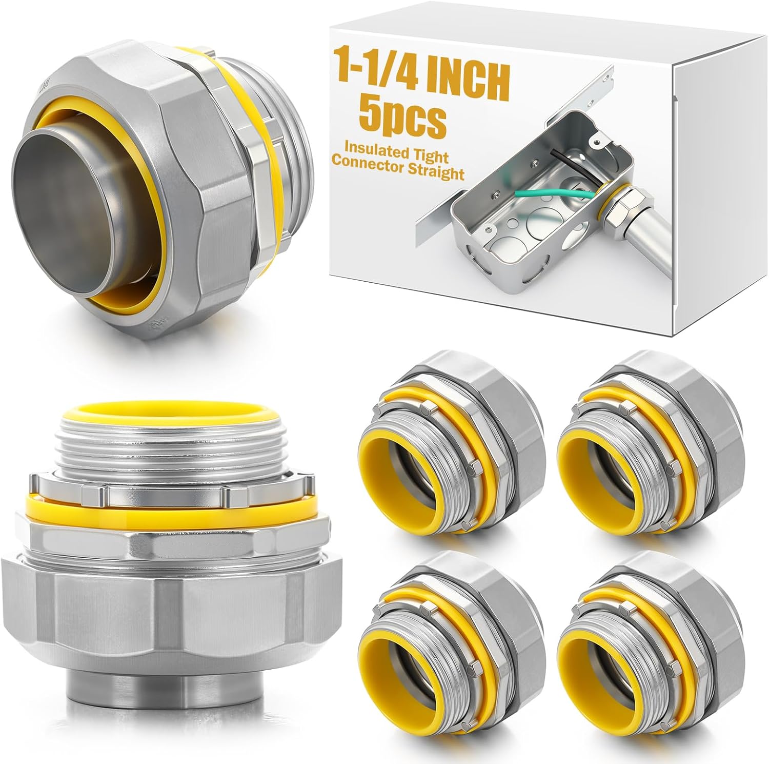 Gisafai 5 Pcs Liquid Tight Connector Straight Insulated Zinc Die Cast Metal Tight Electrical Conduit Fittings for 1-1/4 Inch Flexible and Type B Flexible
