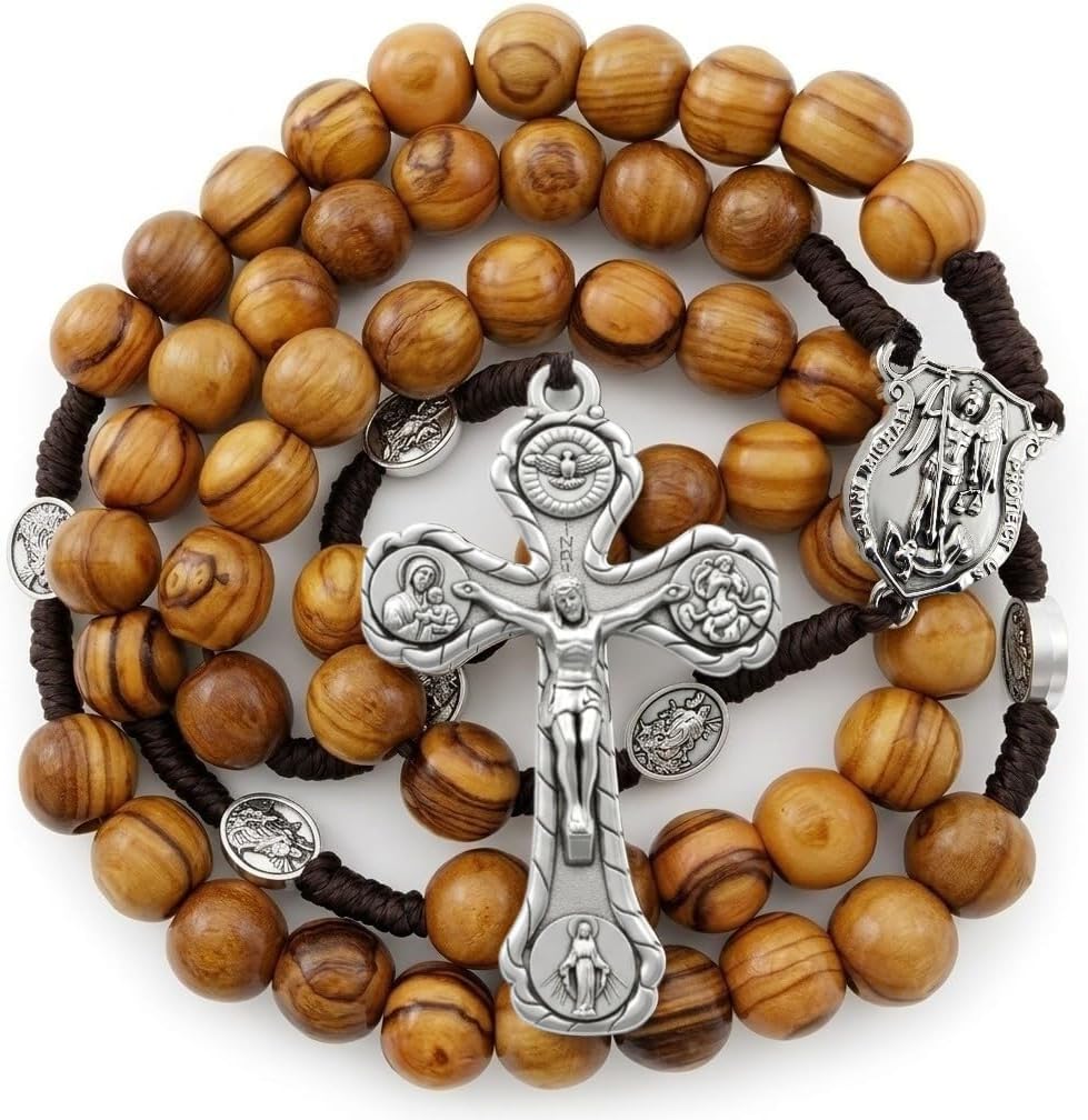 TALISMAN4U St Michael Catholic Rosary Men Necklace 10mm Olive Wood Beads | Holy Trinity Crucifix, Holy Land, Handmade Corded Design, Prayer Beads, Religious Gift Box
