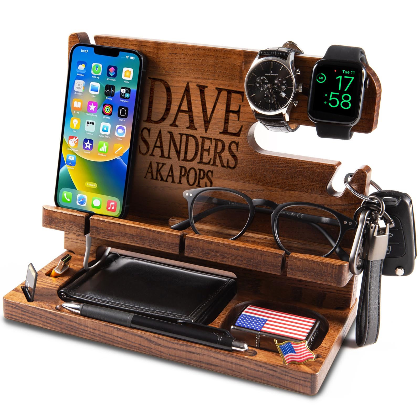 Greta Oto Estación de Carga de Madera Personalizado para Movil, Tableta, Cartera, Gadgets, Reloj, Llaves, Soporte Escritorio de Trabajo, Mesita de Noche, Regalos para Hombre (Marrón)