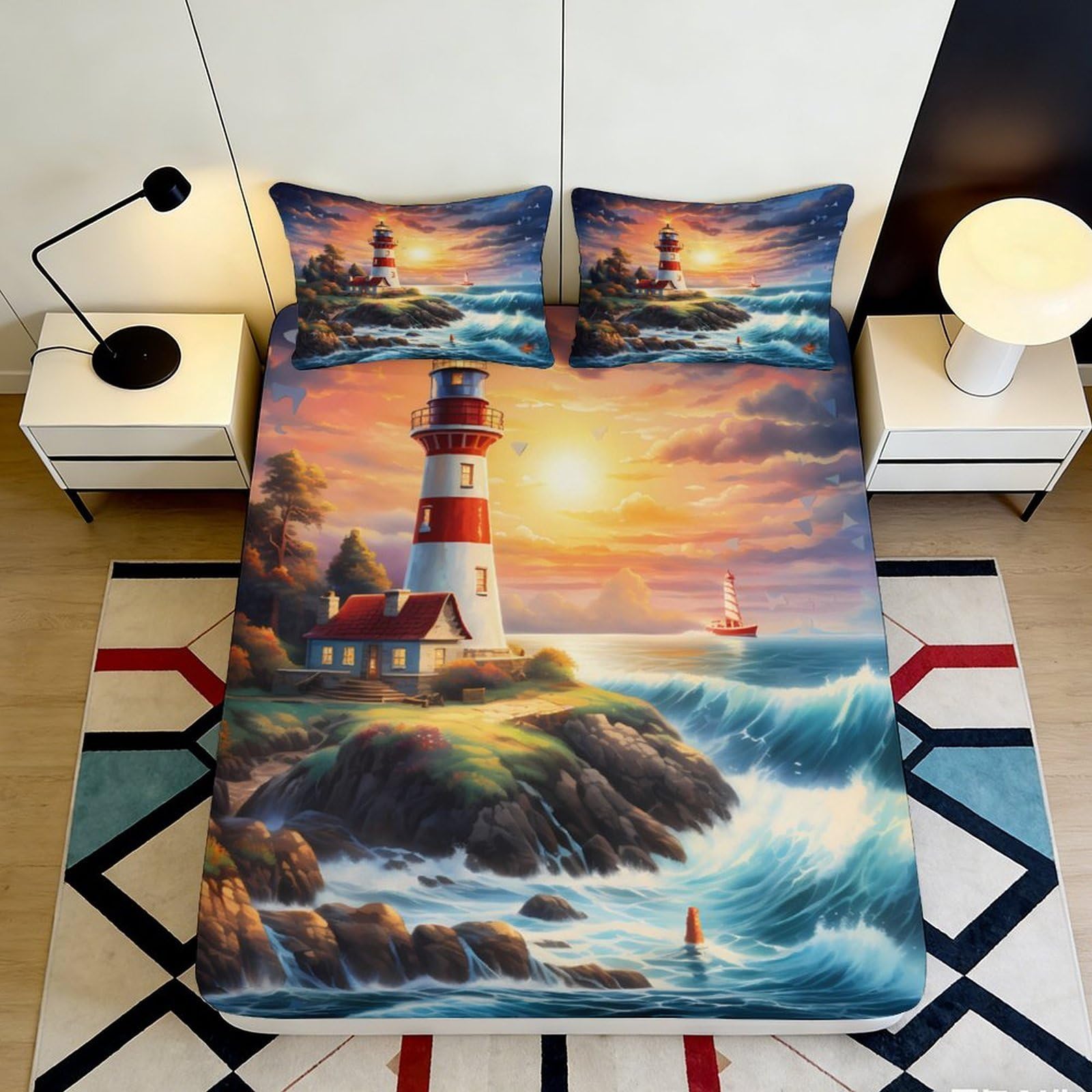 3D Printed Lighthouse Sunset Fitted Sheet Microfiber Soft Bed Cover Ocean Landscape Mattress Protector Decor 90x200x25cm