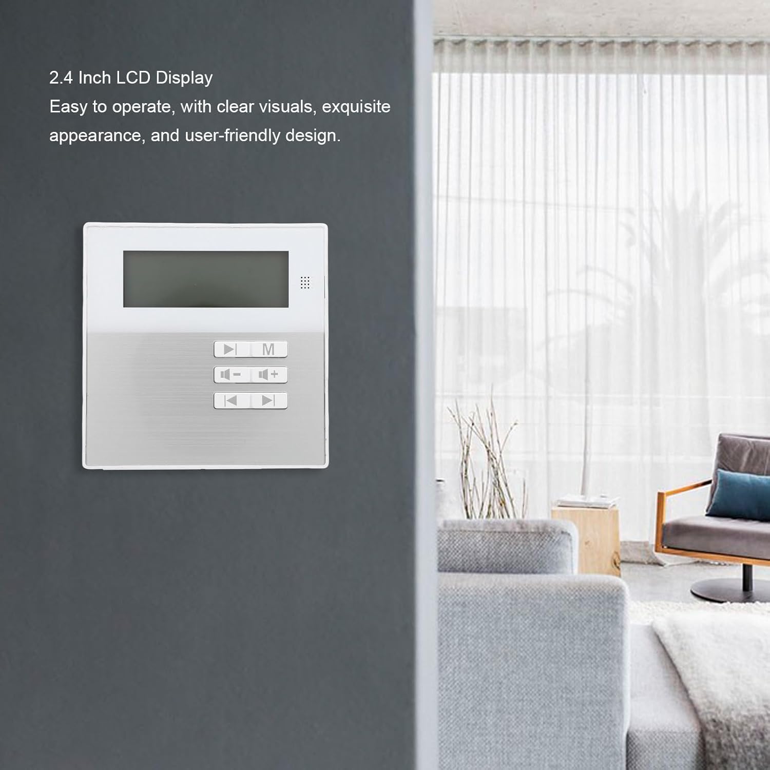 Close-up of the GOWENIC Wall Mount Music Amplifier's 2.4-inch LCD display, showing a clear screen and control buttons.