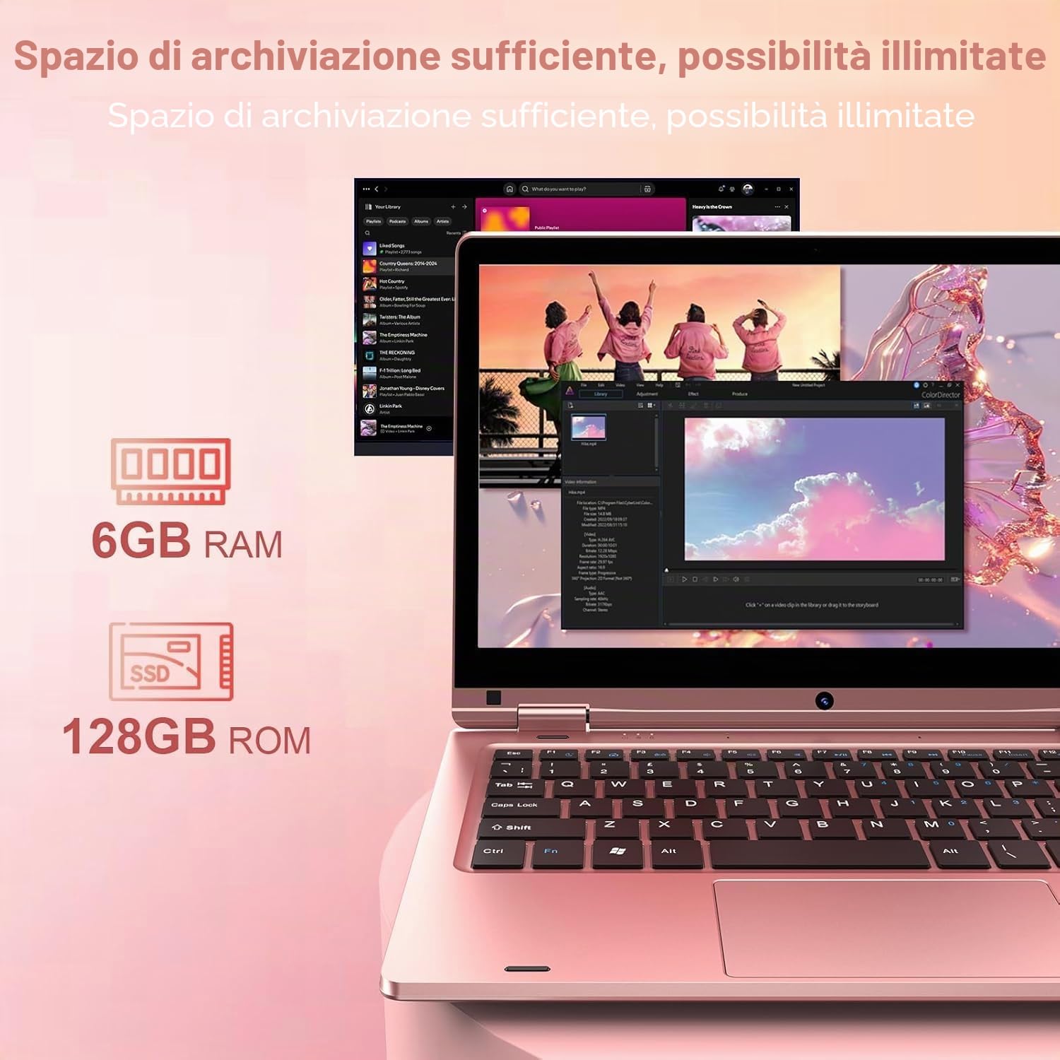 PINSTONE 11,6'' Laptop Touch pieghevole a 360°, Laptop Celeron N4020, 6GB RAM 128GB SSD, WiFi (2,4G/5G), Bluetooth, 1366 x 768 IPS, Webcam, PC portatile su misura per i professionisti - Rosa