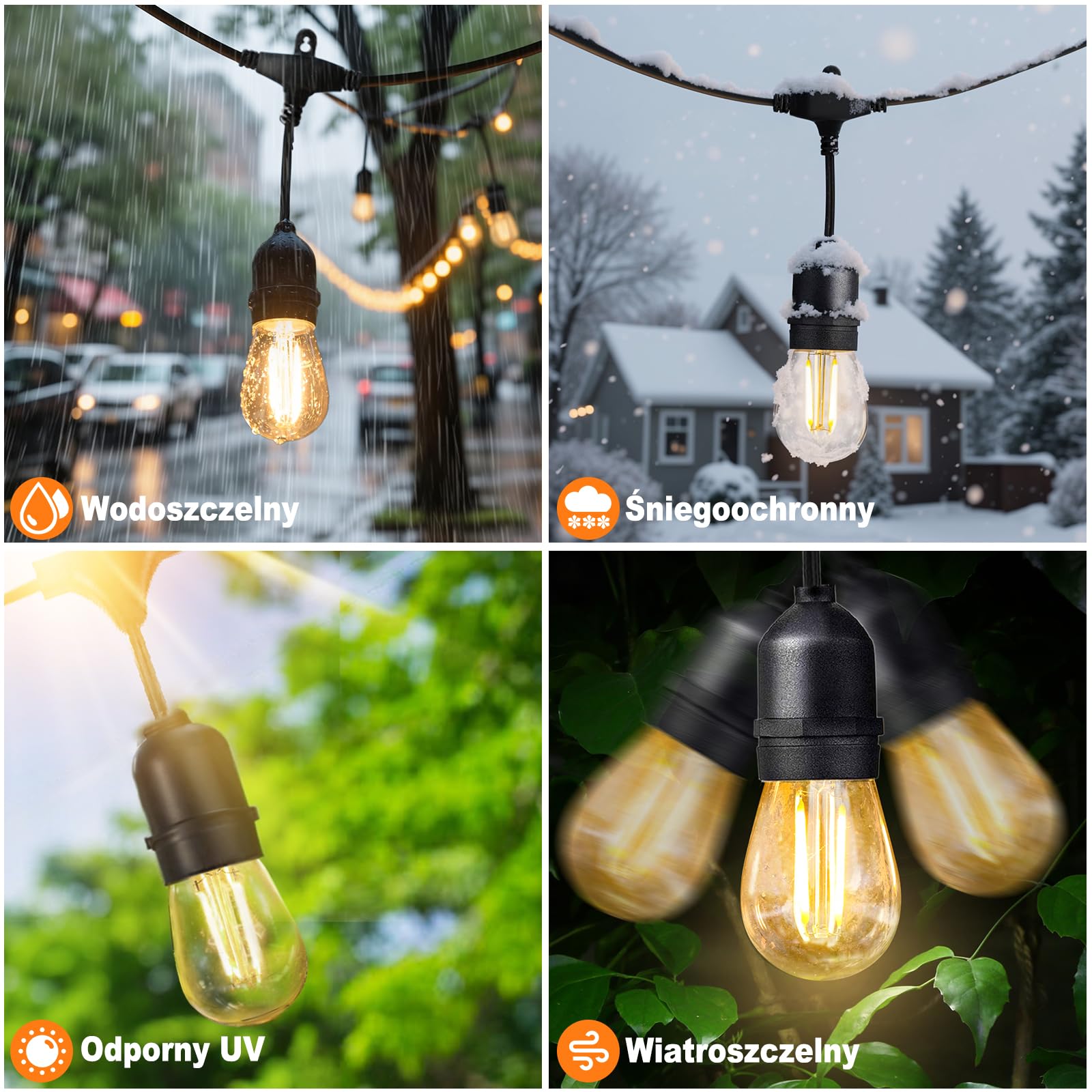 BRIMAX Łańcuch świetlny LED na zewnątrz, 30 metrów z 30 żarówkami 2 W S14, prąd AC 220-240 V, 2700 K ciepła biel, wodoszczelność IP44, oświetlenie zewnętrzne do ogrodu, na imprezę, wesele, kemping