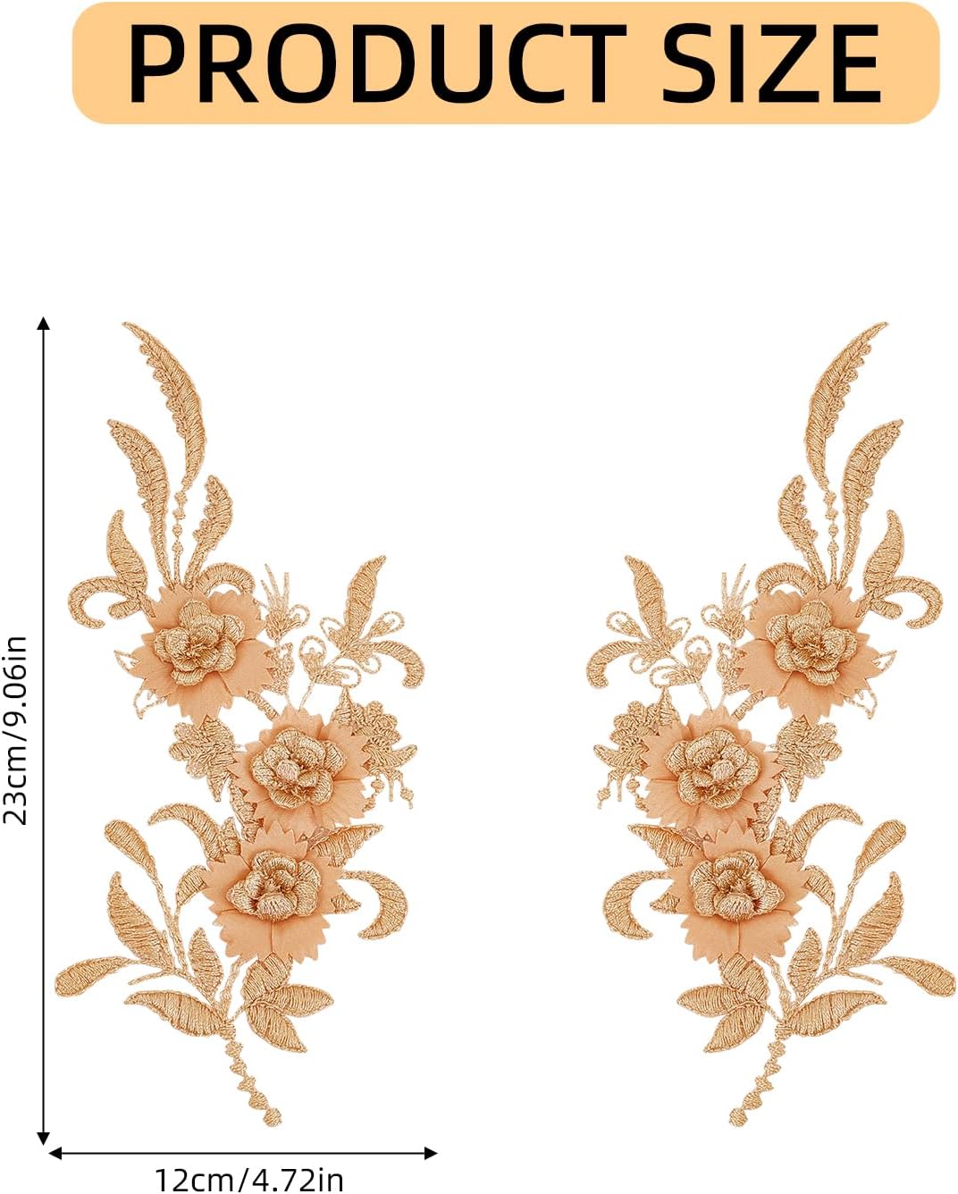 2 Pairs Gold Flower Embroidery Patch, Floral Iron On Patch Laces Appliques Embellishments, Sewing Flower Vine Dress Applique for Wedding Dress Craft Projects