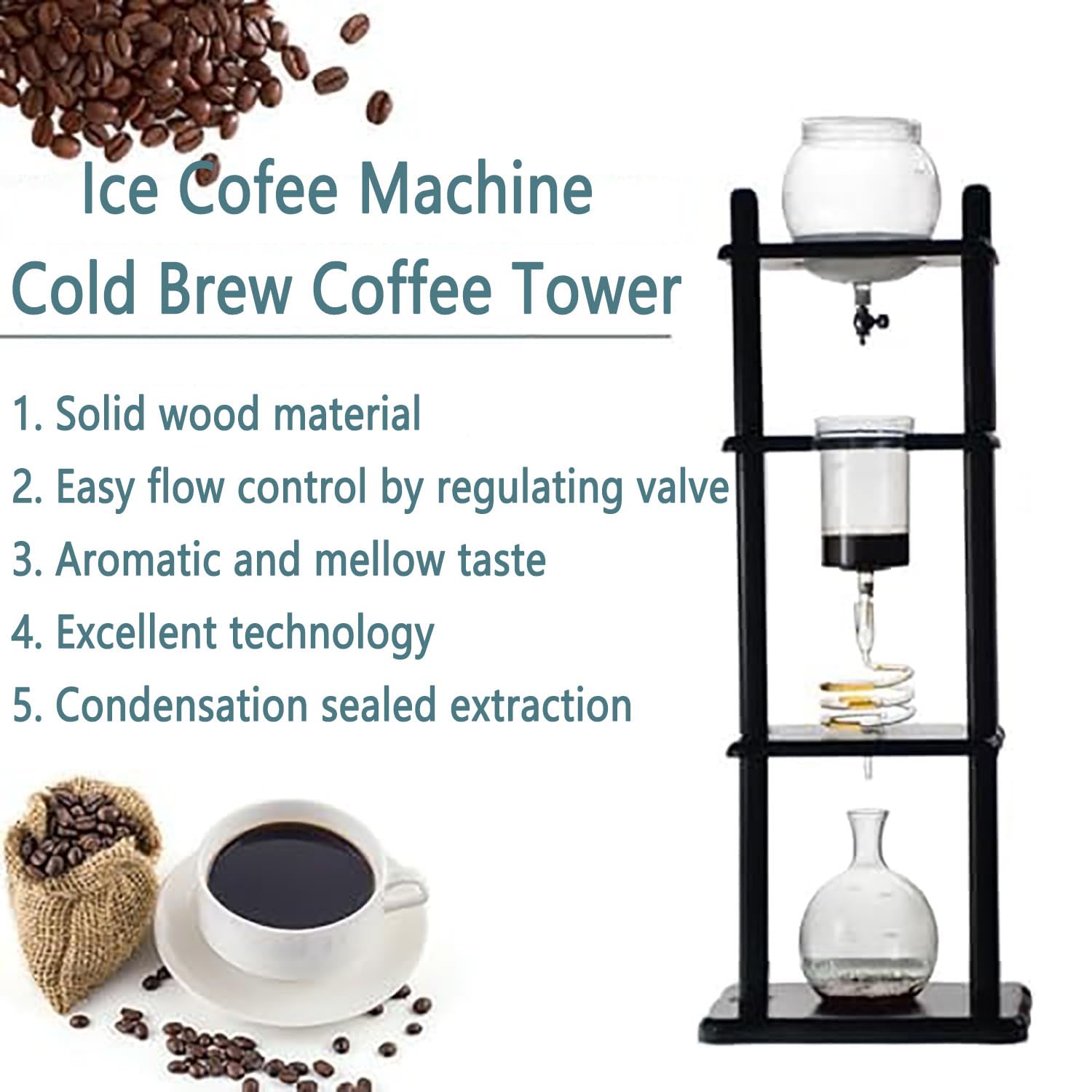 Ekspres Przelewowy Do Kawy, Mrożona Kawa Cold Brew Z Wieżą Przelewową I Drewnianym Stojakiem, Technologia Slow Drip, Przygotowuje 5-8 Filiżanek Mrożonej Kawy, Mrożonej Lemoniady I Herbat