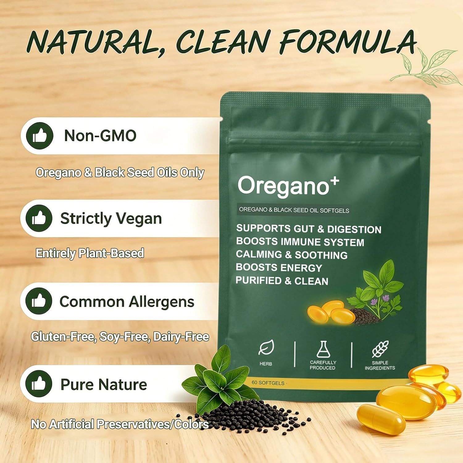 Aceite de orégano y extractos vegetales de semilla negra, 2 unidades.