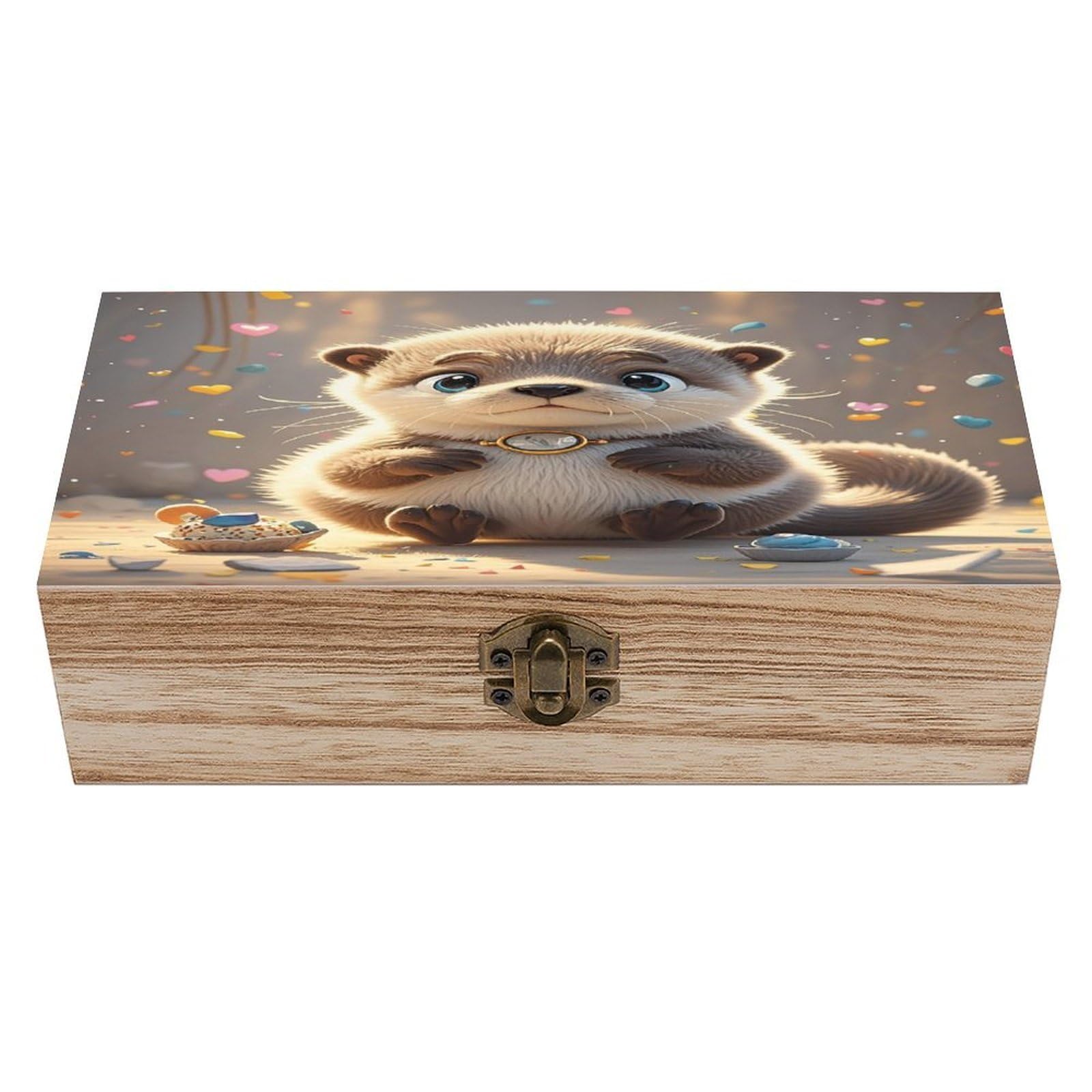 FekiLoot Cartoon Cute Otter Wooden Jewelry Box Personalized Wood Keepsake Box Large Decorative Wooden Storage Boxes with Hinged Lid Rustic Style Wood Jewelry Organizer for Desk Home Office