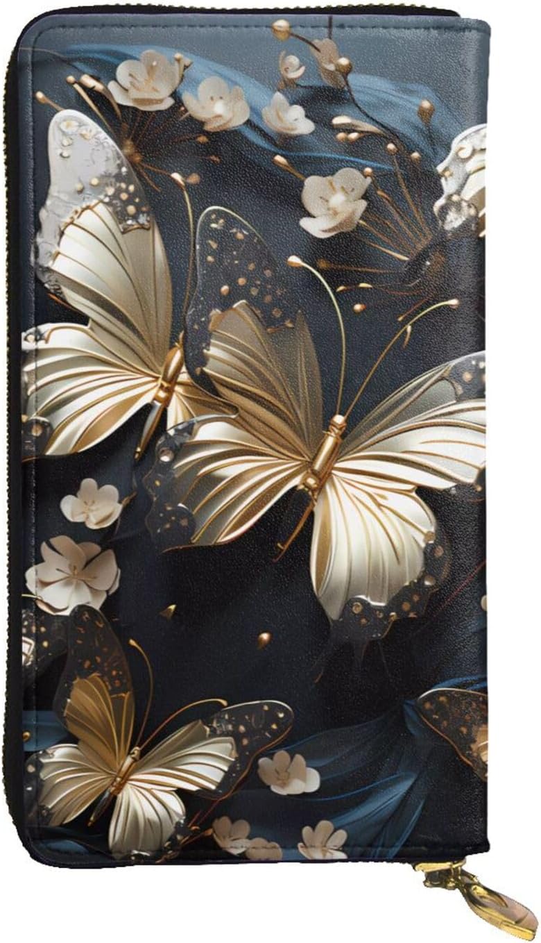 Gold White Butterflies Black Women's wallet, clutch wallet, with zipper, large capacity.