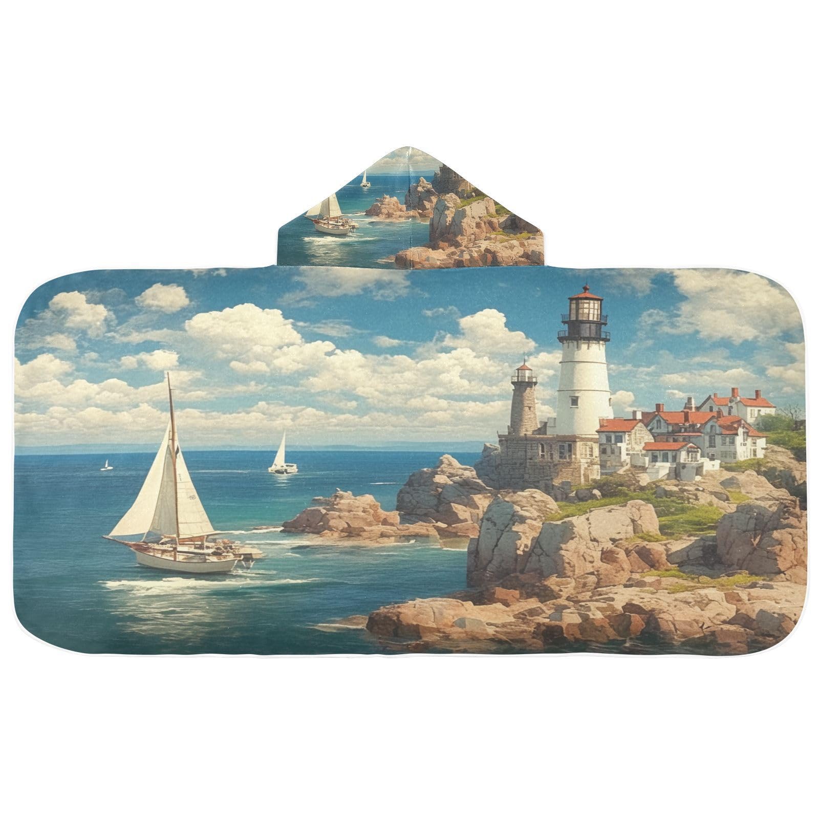 Nesatuwa Hooded Towel for Kids,Lighthouse Kids Beach Bath Towels Soft Absorbent Quick Dry Poncho Towel for Girls Boys