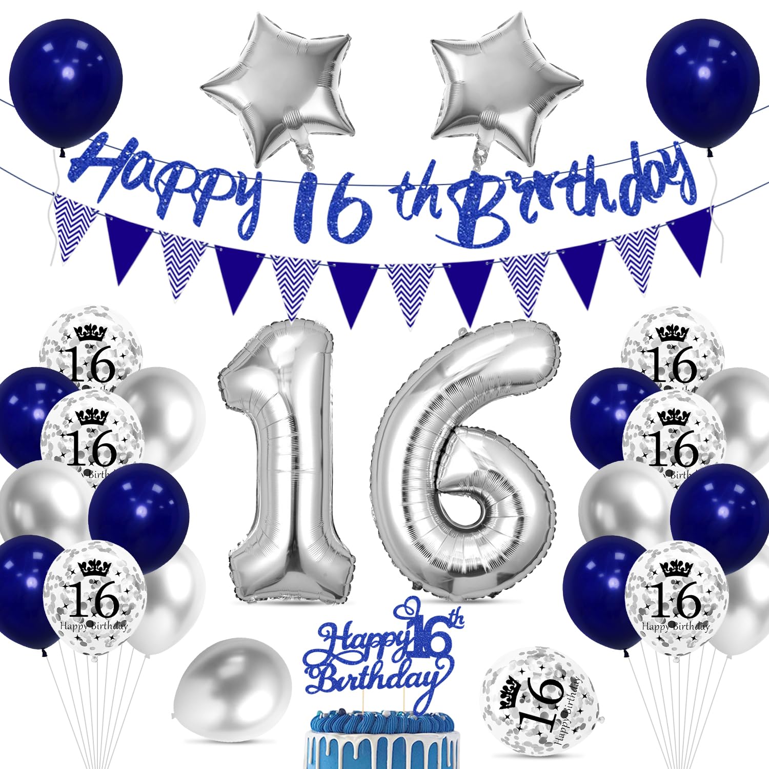 Cadimus 16. Geburtstag Deko,Happy Birthday Ballon Dekoration,16 Geburtstag Blau Silber Luftballons,Happy Birthday Folienballon 16, 16 Jahre Männer Frauen Party Deko