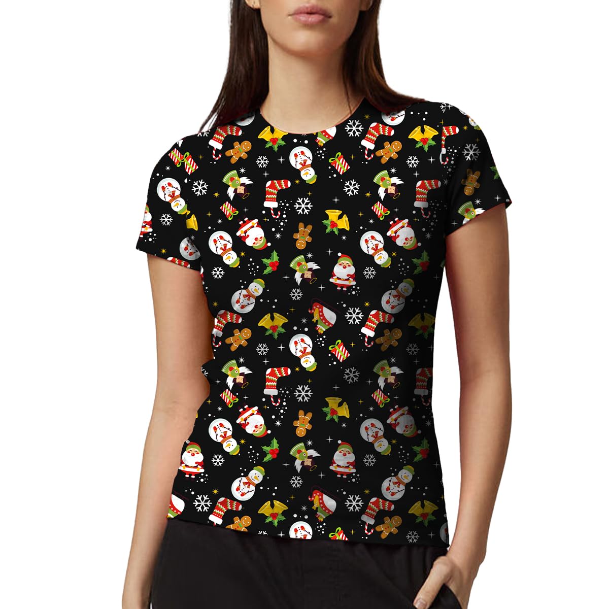 Netsetuk Women's Angel And Snowman Print Christmas Santa Claus Snowflakes Gingerbread Printed Xmas T-Shirt Short Sleeve Casual Tops For
