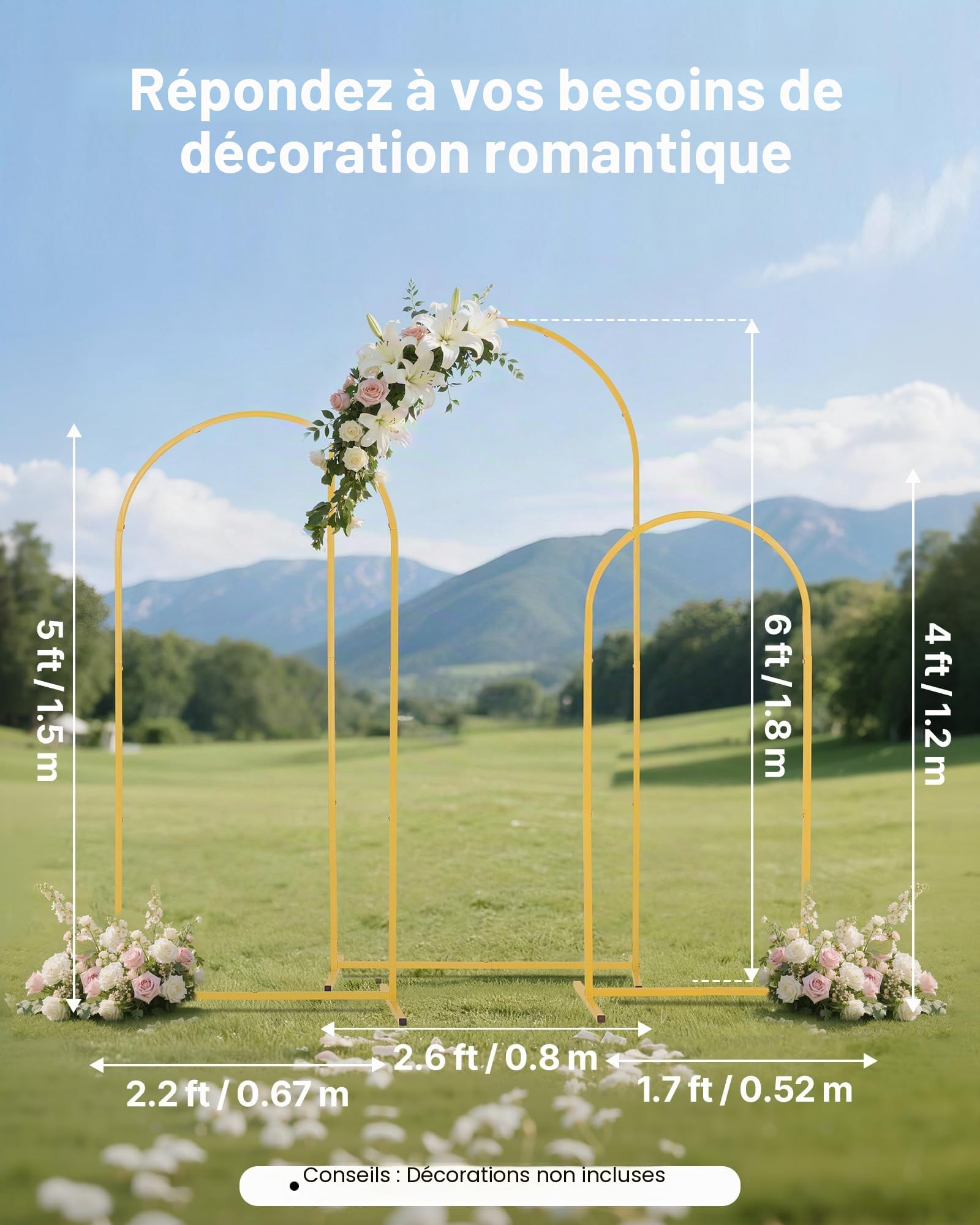 VEVOR Arche de Mariage Lot de 3 Support de Fond Arche 1,8 m 1,5 m 1,2 m pour Décoration de Mariage, Anniversaires, Remises de Diplômes, Fêtes, Cérémonies, Célébrations, Structure Stable en Métal, Doré