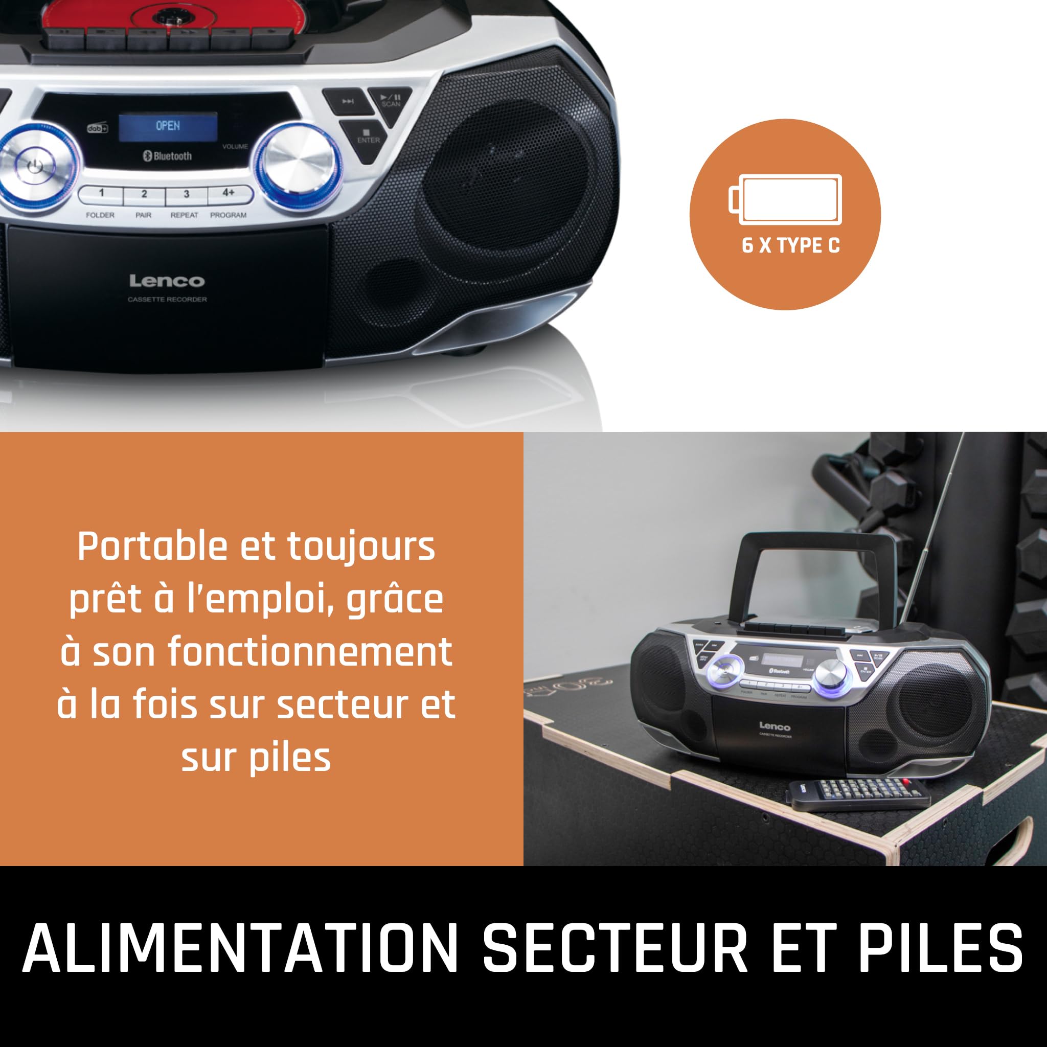 Lenco SCD-720 Lecteur CD, Dab+, Lecteur CD Portable, CD Player, Boombox, Bluetooth 5.0, Lecteur CD/MP3, Lecteur de Cassettes, Radio FM, Port USB, 2 x 6 W RMS et Bass Reflex, télécommande, Argent