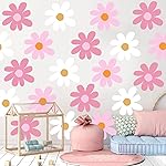 TaoBary 12 Sheets Daisy Wall Decal Flower Wall Sticker Cute Daisy Sticker Pink White Flower Decal Peel and Stick Floral Wallpaper for Nursery Bedroom Home Decor(Classic Color,Delicate Style)