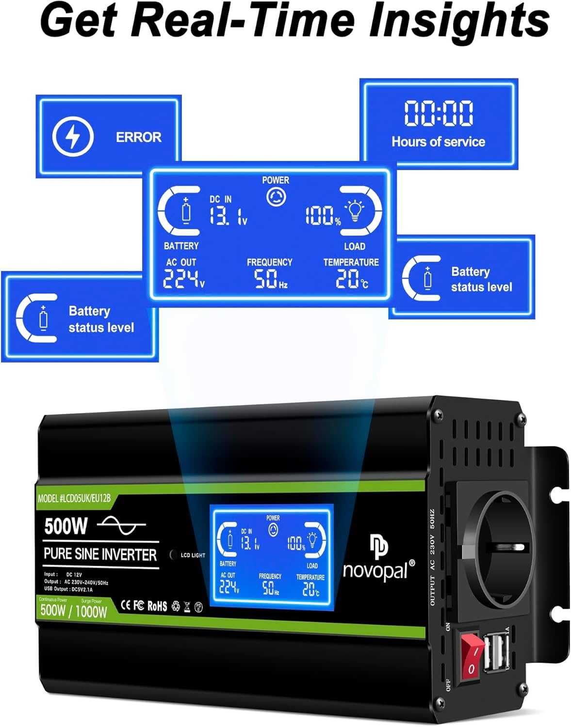 NOVOPAL 500W Wechselrichter 12V auf 230V 220V Reiner Sinus Spannungswandler mit intelligenter LCD-Anzeige - 2USB-Ausgang, EU-Stecker Für Auto KFZ Wohnwagen LKW