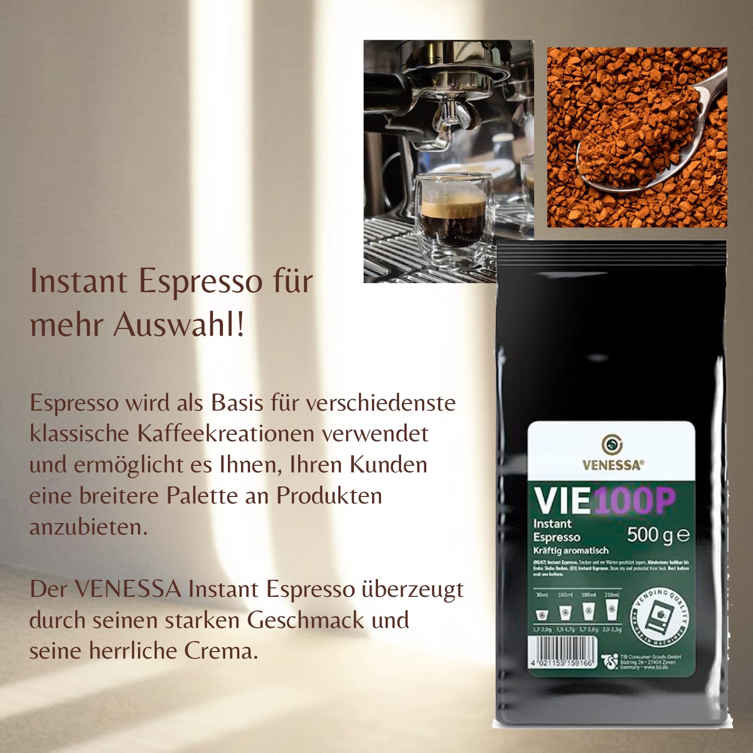 VENESSA VIE 100P Premium Instant Espresso 15 x 500 g delikatnie palone, silnie aromatyczne w smaku – do automatów Vending, gastronomii, firm