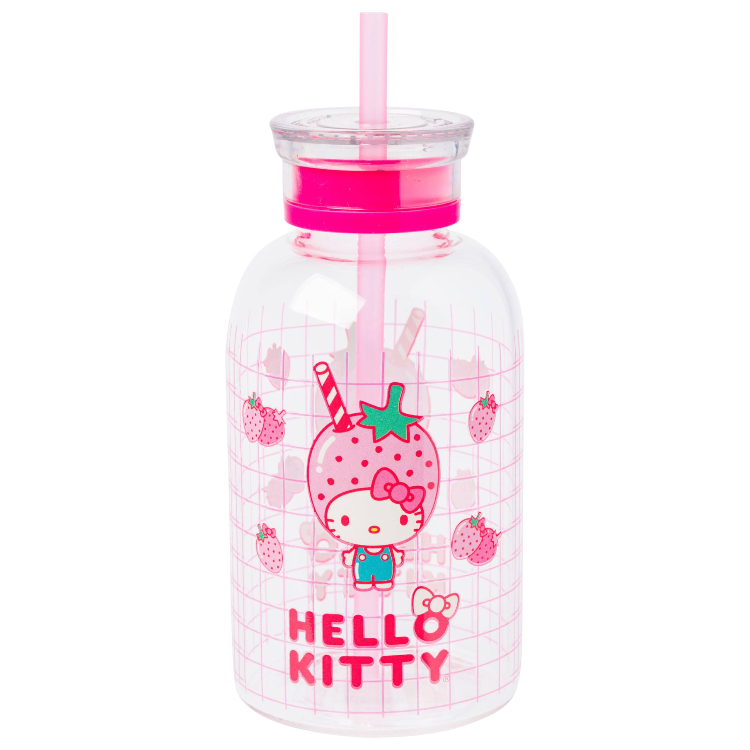 Silver Buffalo Sanrio Hello Kitty Strawberry Milk Grid Glass Milk Bottle with Straw, 15 Ounces