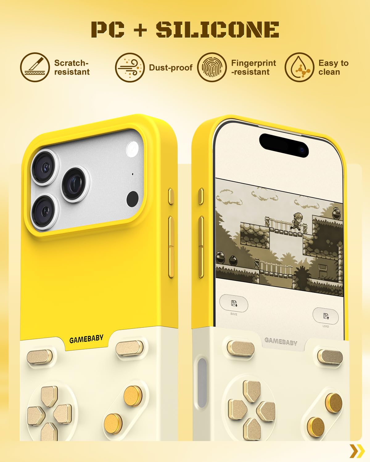 Gamebaby etui na telefon iPhone 17 Pro Max, innowacyjne etui na kontroler gier, etui na telefon komórkowy iPhone 17 Pro Max, do GBA, GBC, NES Handheld w stylu retro, żółte
