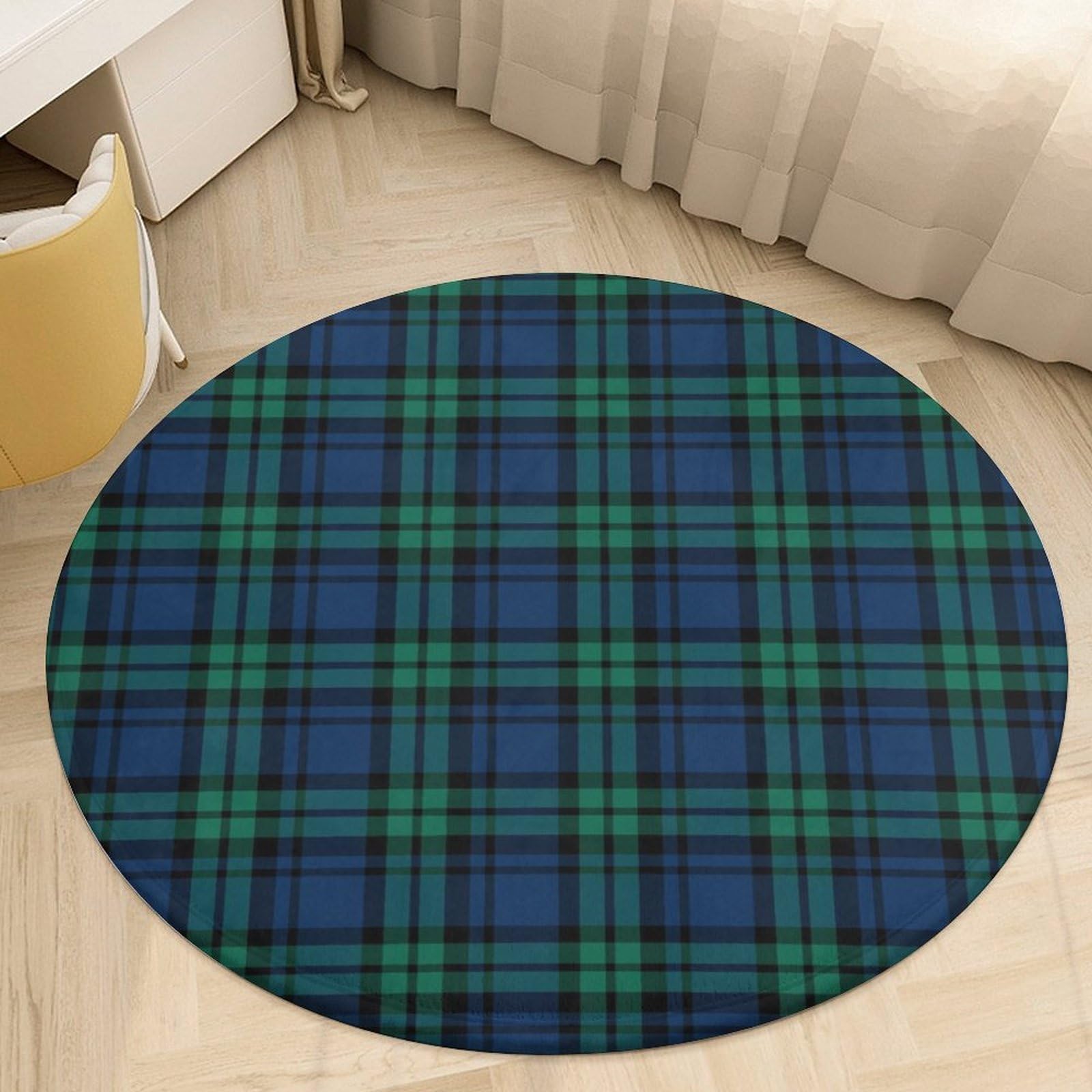 Tapis rond de salon motif carreaux bleus et verts pour ambiance Noël