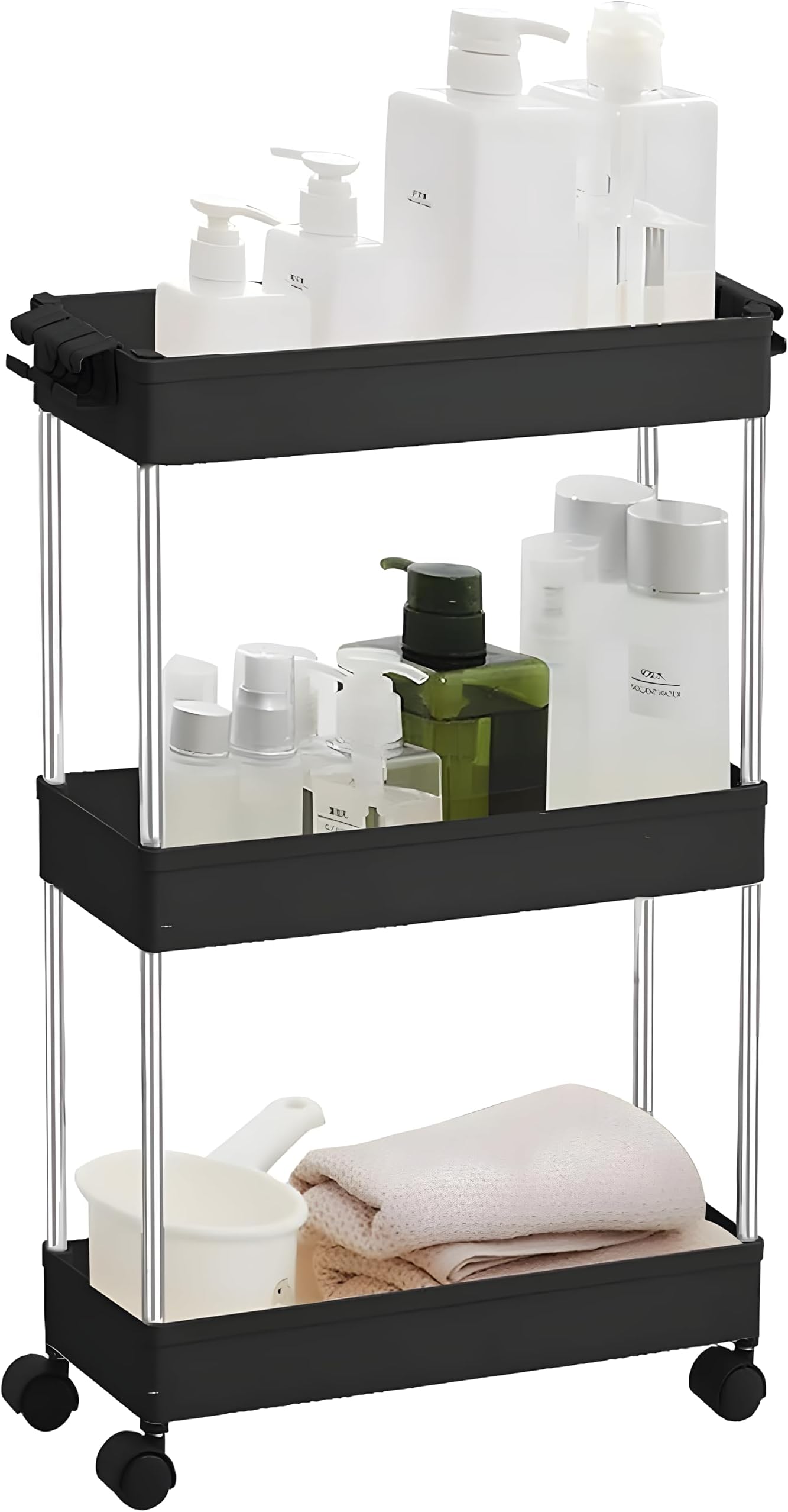COZY NEST Multi Tier Rolling Trolley Cart Kitchen Storage Organizer with Hooks & Wheels,Mobile Functional Shelves for Bathroom,Office,Laundry room (Black 3 Tier)