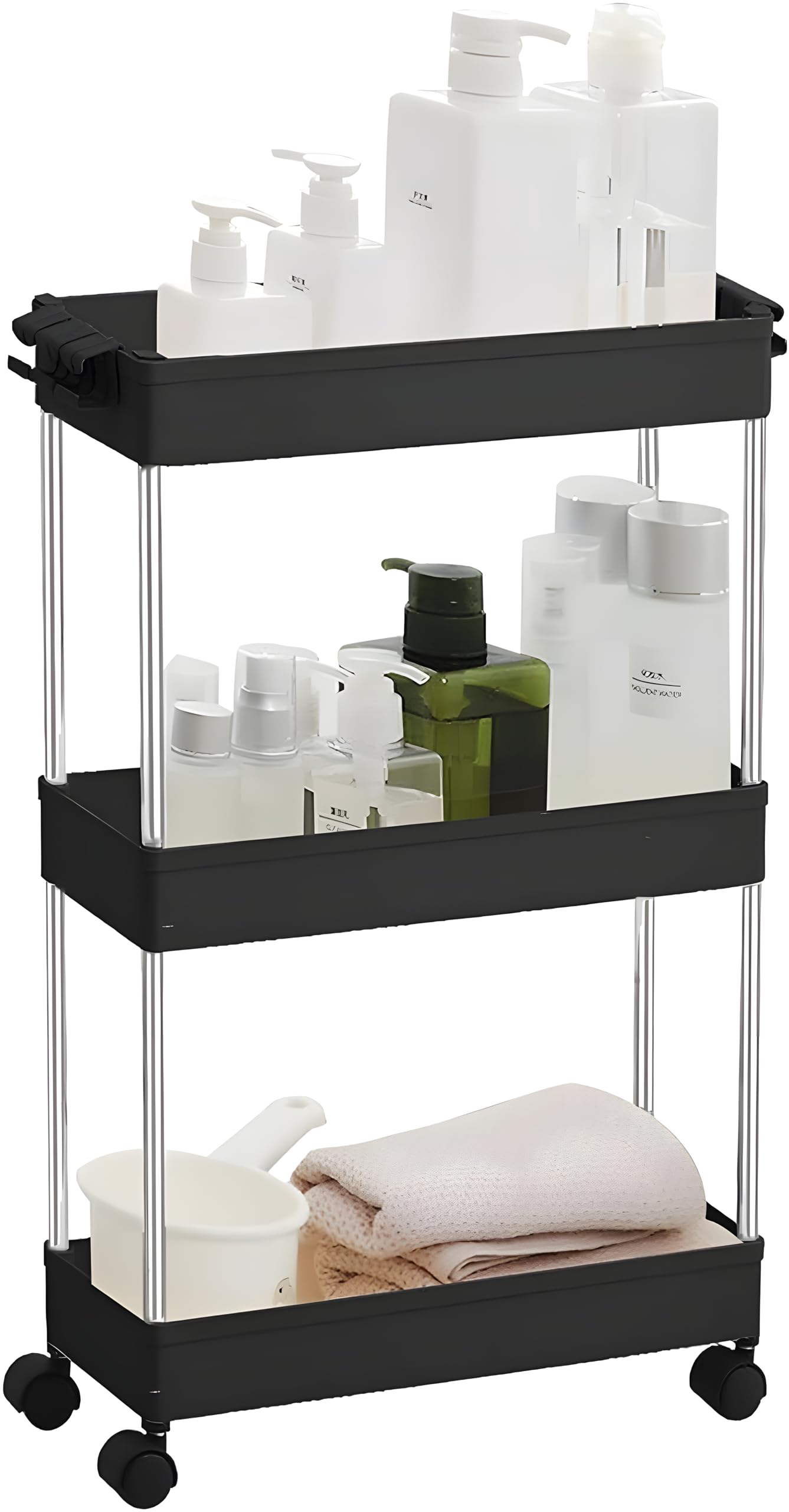 COZY NEST Multi Tier Rolling Trolley Cart Kitchen Storage Organizer with Hooks & Wheels,Mobile Functional Shelves for Bathroom,Office,Laundry room (Black 3 Tier)