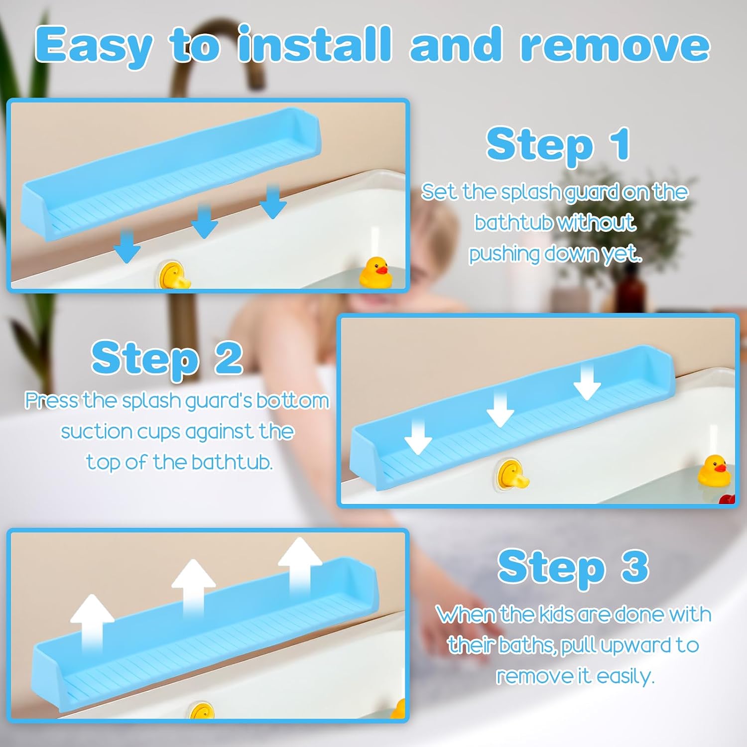 Silicone Bathtub Kids Splash Guard – Extra Long 2.6FT Play Shelf with 11 Strong Suction Cups, Toddler Bath Toy Tray & Caddy Holder, Water Spill Barrier for Bathroom, No Mess Fun Time – Blue