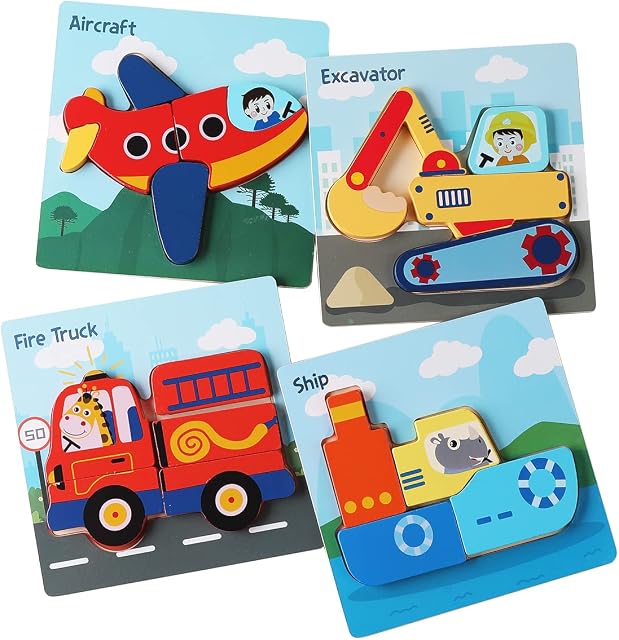 Wooden Jigsaw Puzzles for Toddlers, 4Pcs Means of Transport Puzzle Jigsaw Set Early Learning Baby Kids Educational Toys Gifts for 1/2 / 3/4 Year Old for Boys Girls Children - Best Gift