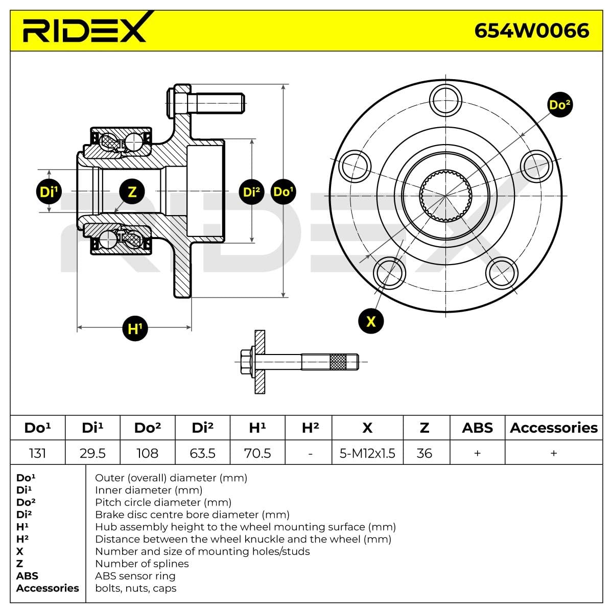 RIDEX 654W0066 Kit de roulement de roue Avant Gauche Avant Droite Roulement de roue intégré au moyeu de roue avec bague magnétique intégré avec bague ABS avec vis Compatible avec FORD