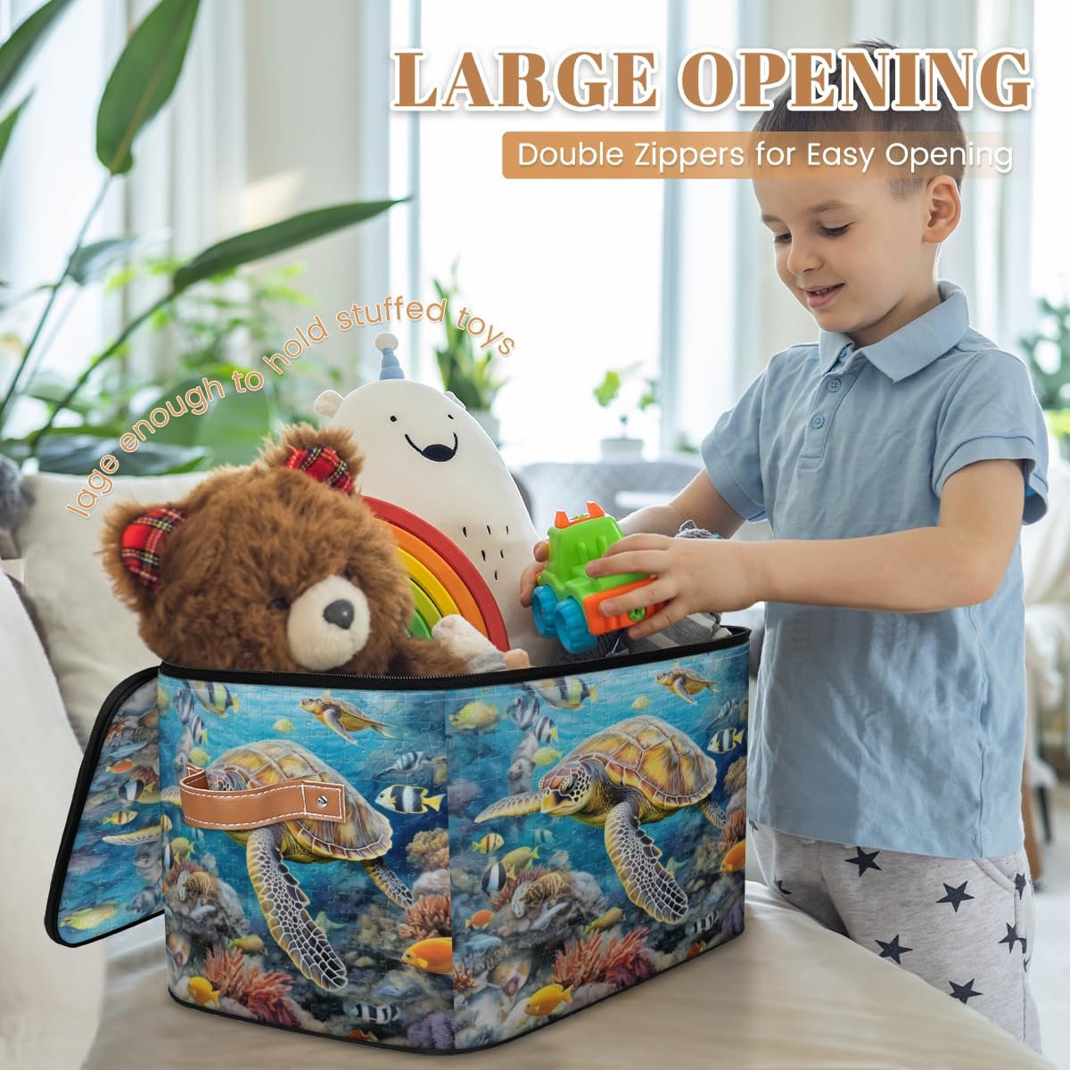 Storage Bin Set of 2 Turtle Tropical Fish Storage Basket with Zipper Lid & Handle Foldable Closet Shelf 2 Pack Cloth Organizer Basket Cube Bins Clothes Organizer for Bedroom, Nursery