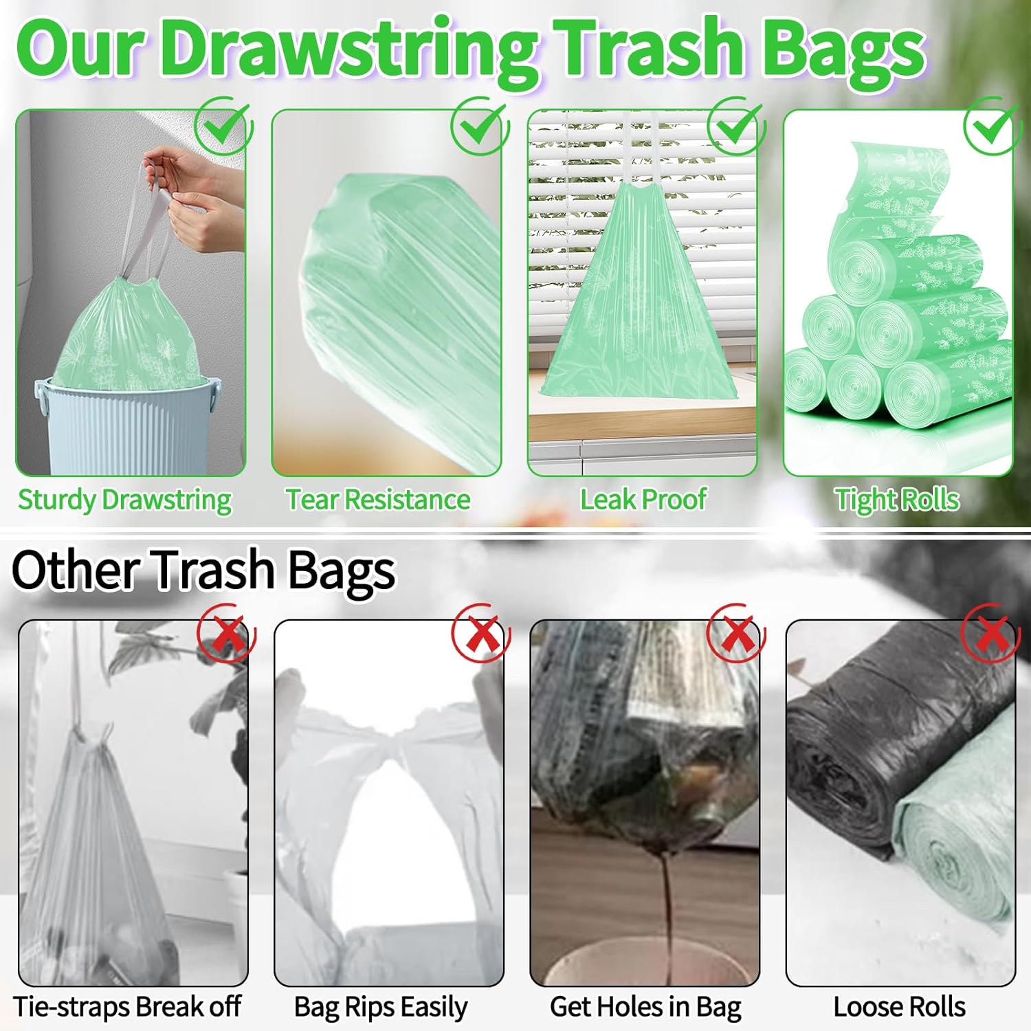 4 Gallon 1000PCS Small Drawstring Trash Bags, Floral Printed Design,Thick Pre-separated Garbage Bags Mini Wastebasket can Liners for Bathroom Bedroom Office