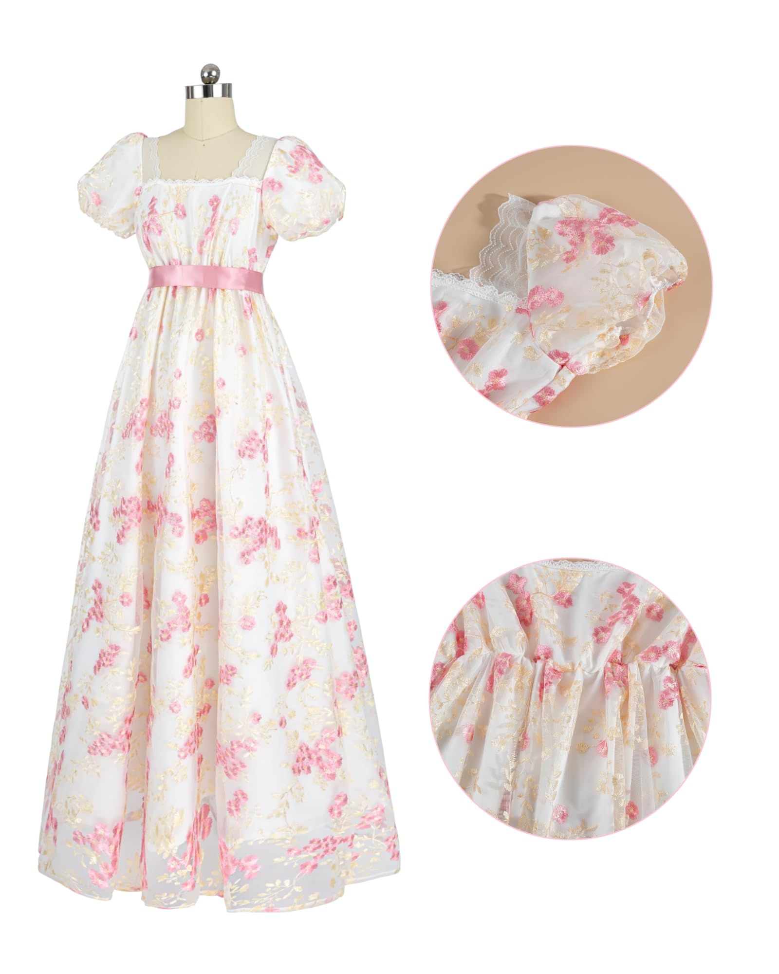 NSPSTT Women Regency Dresses Puff Sleeves Empire Waist Victorian Dresses Pink Long Dress Tea Party Gown with Gloves,M - Image 4