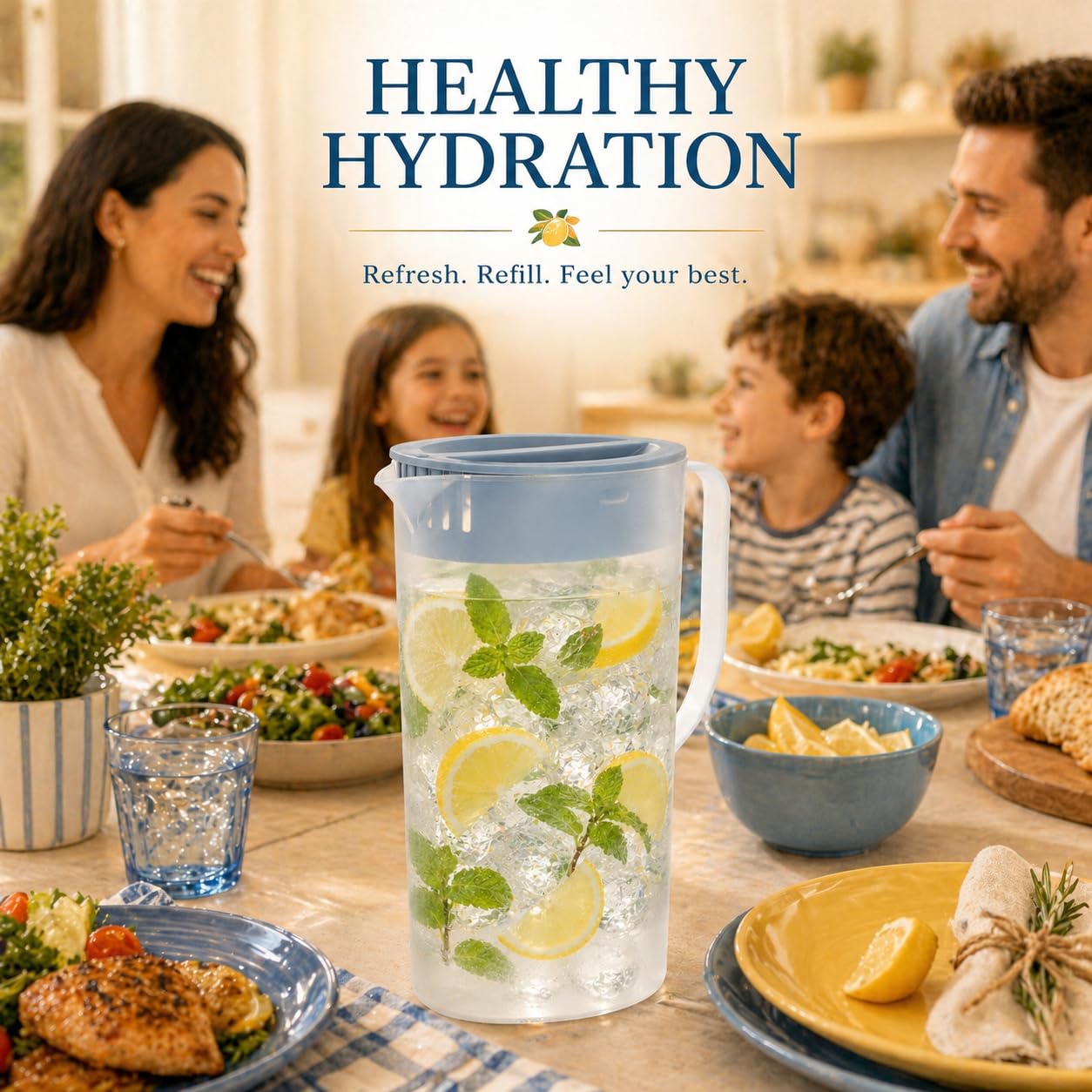 Caraffa per acqua in plastica da 2 l, con coperchio e manico, infrangibile, per frigorifero, caraffa trasparente per succo di limonata, latte, tè freddo e bevande fredde
