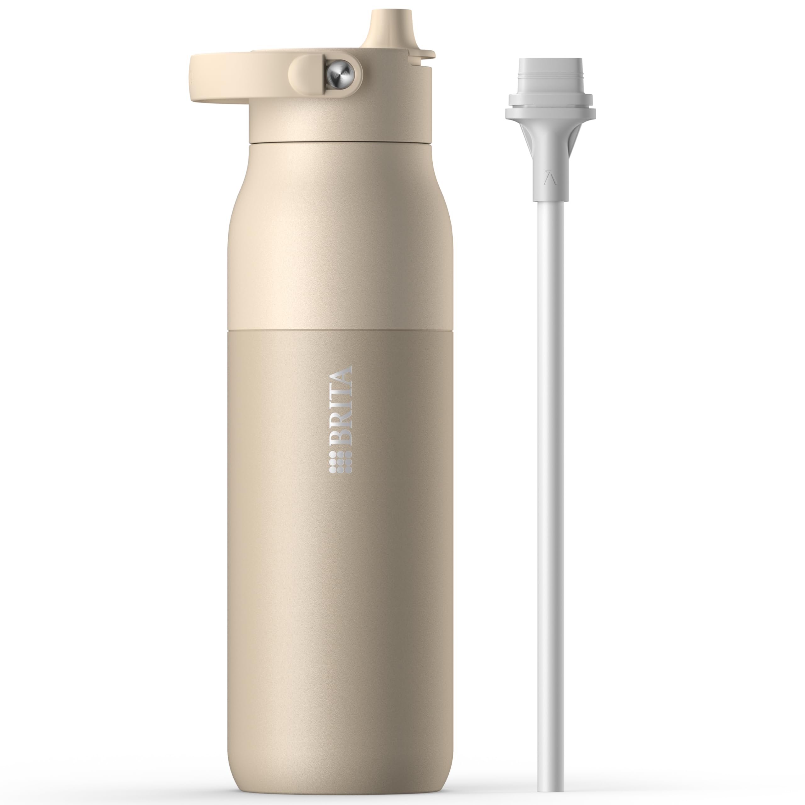 BRITA LARQ Essential Drinking Bottle with Straw Beige (1000ml) Stainless Steel Water Bottle, Double-Walled Insulation (24h Cold), with Detachable Soft-Touch Handle, Dishwasher Safe