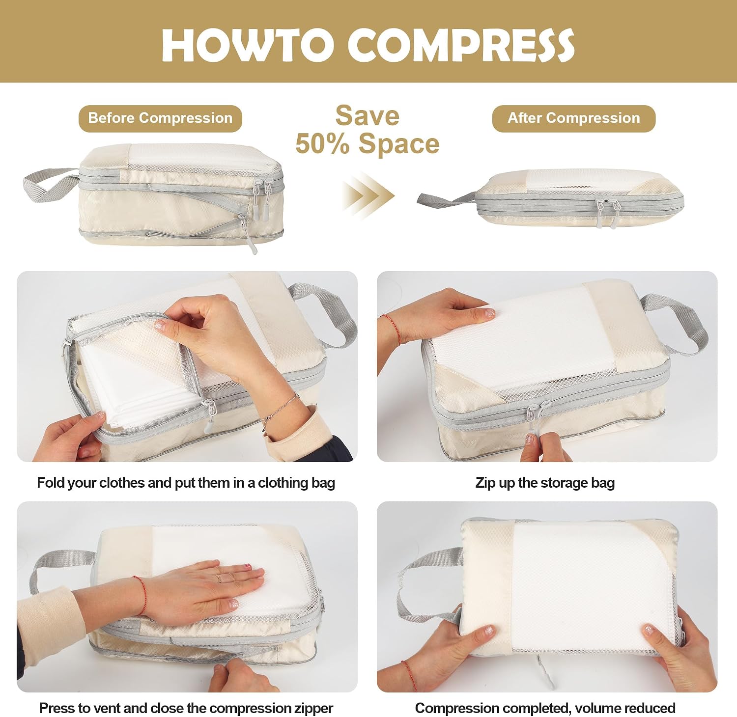 9 Pieces Suitcase Organizer, Beige Suitcase Organizer Bags, Waterproof ICubes for Travel, Suitcase Organizer with Bags for Clothes and Shoes, Travel Organizer Set image 4