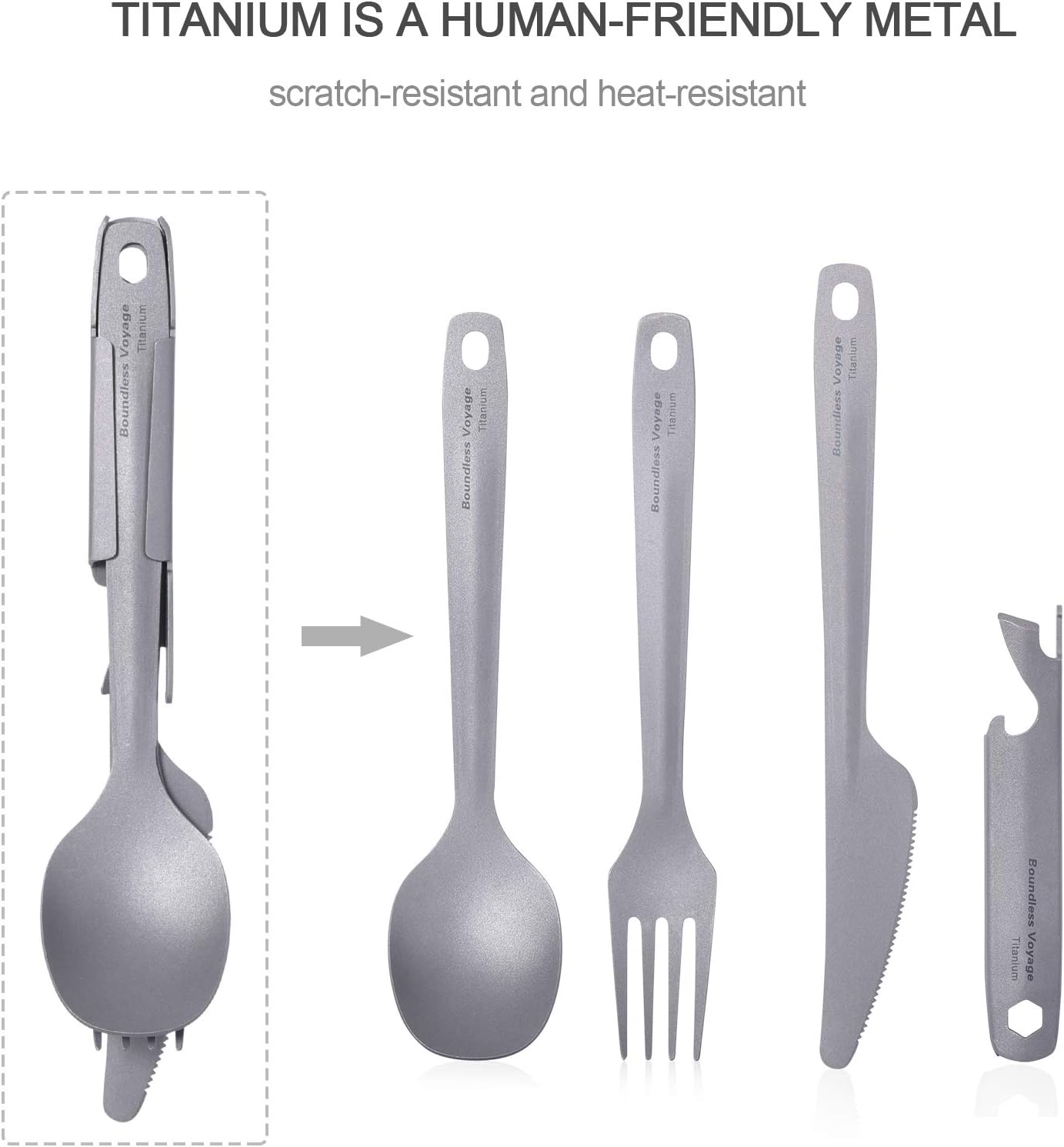 iBasingo Titanium Knife Fork Spoon with Bottle Opener 4 in 1 Camping Travel Ultralight Cutlery Set Outdoor Kitchen Portable Metal Tableware Set Ti1066T