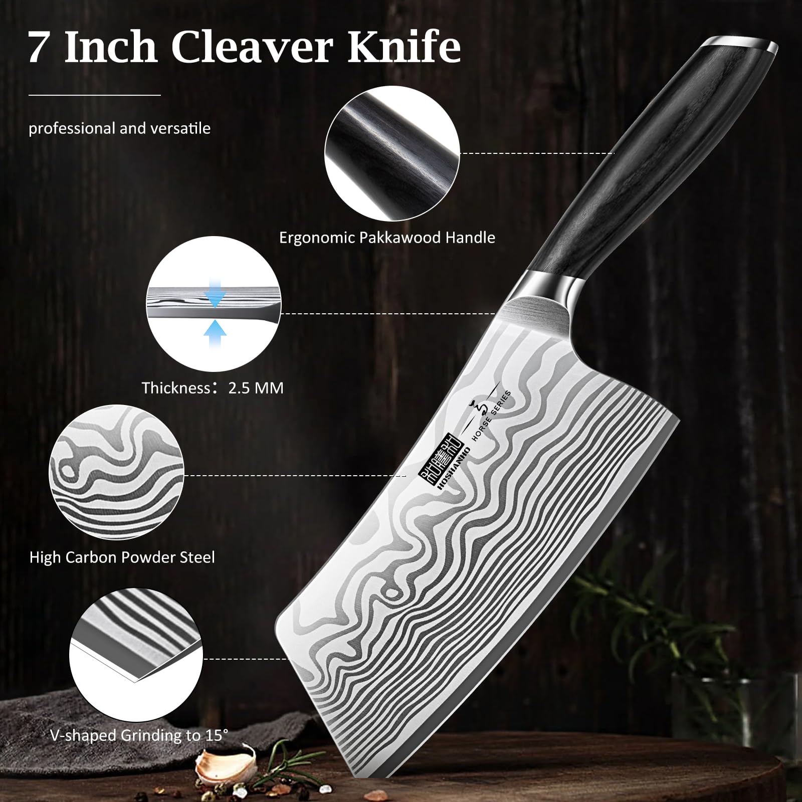 HOSHANHO Mannaia da Cucina 18 cm, Acciaio in Polvere ad Alto Tenore di Carbonio, Ultra Affilata