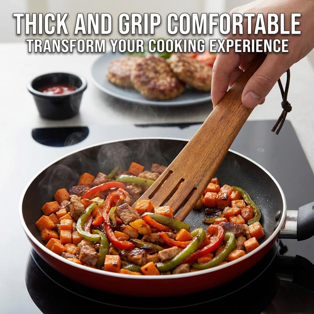 Wooden Spatula for Cooking, Wooden Cooking Utensils Set of 4 including Turner, Slotted Spurtle and Wood Scraper, Teak Spatulas for Kitchen Use -. Nonstick cookware. - Image 4