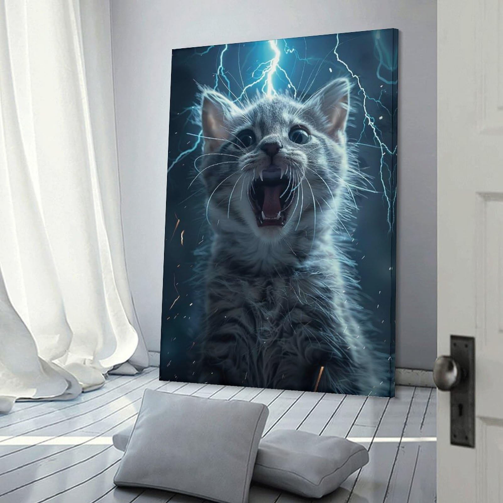 Junmoney Canvas Wall Art Cat Lightning, 24x36inch(60x90cm), for Gallery Wall Decor And Room Displays, Decorative Artwork with Flexible Styling