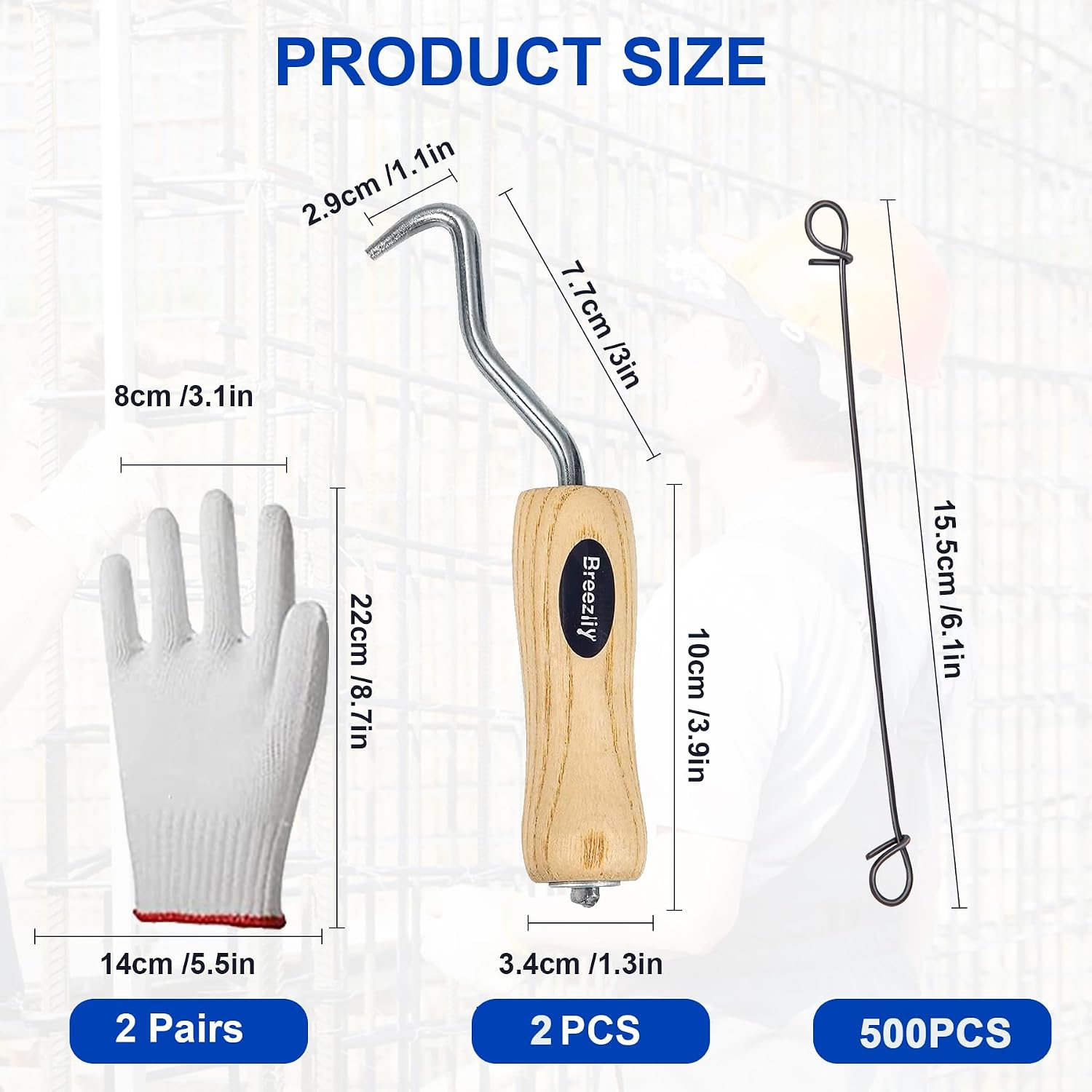 500pcs Rebar Wire Bar Ties, 6" Double Loop, 16 Gauge - Reinforcing Steel Bar Ties with Wooden Grip Handle for Concrete Construction,2 Gloves (500pcs Set)