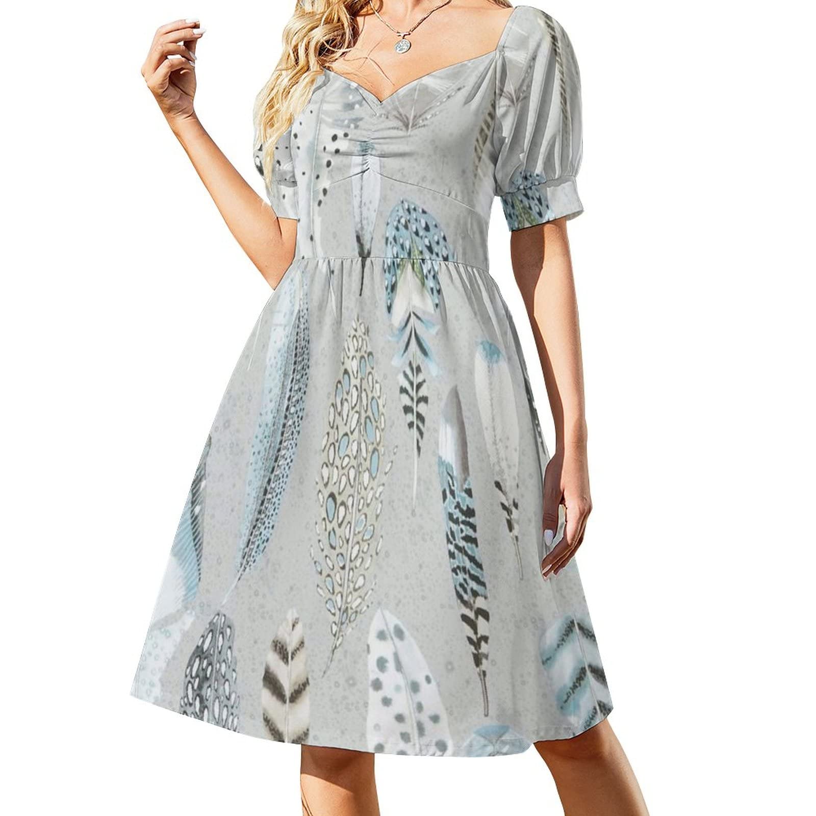 Bird Feathers Wing Background Women's V-Neck Printed Short Sleeve Dress High Waist Smocked Ruffle Sun Dress