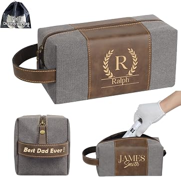 Personalized Toiletry Bag for Men, Waterproof Canvas Wash Bag, Custom Engraved Namel Initia on Leather, Mens Travel Bag, Gifts for Dad, Grandpa, Husband, Boyfriend, Groomsmen, Graduation Gifts