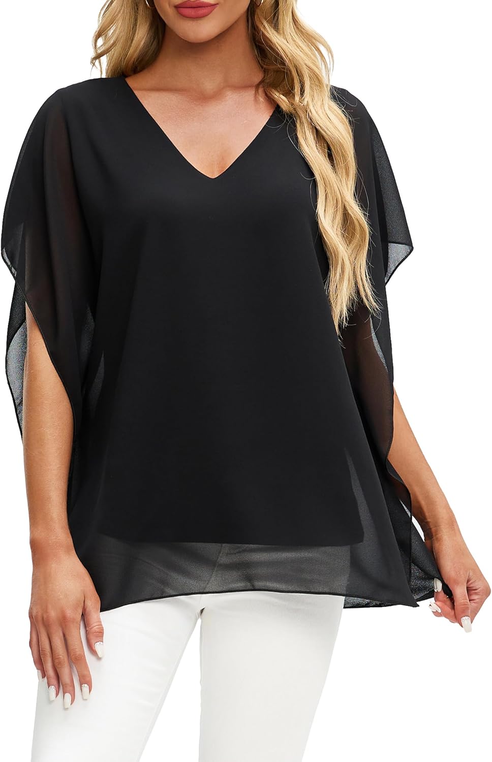 Ckikiou Summer Flowing Flounce Sleeve Chiffon Lined Blouse for Women Loose V Neck Floral Print Double Layered Shirt Top